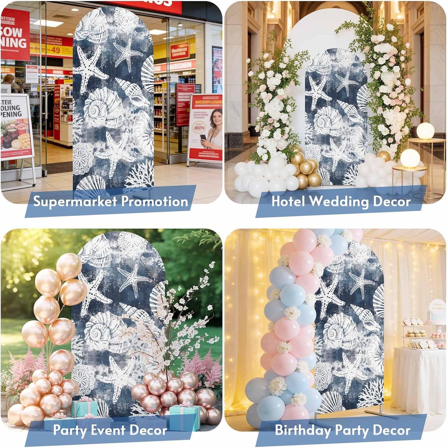 LFoveYuamer 6.6 Ft Arch Backdrop Cover, Coastal Starfish Decorative Wedding Arch Covers Spandex Fitted, Ocean Conch