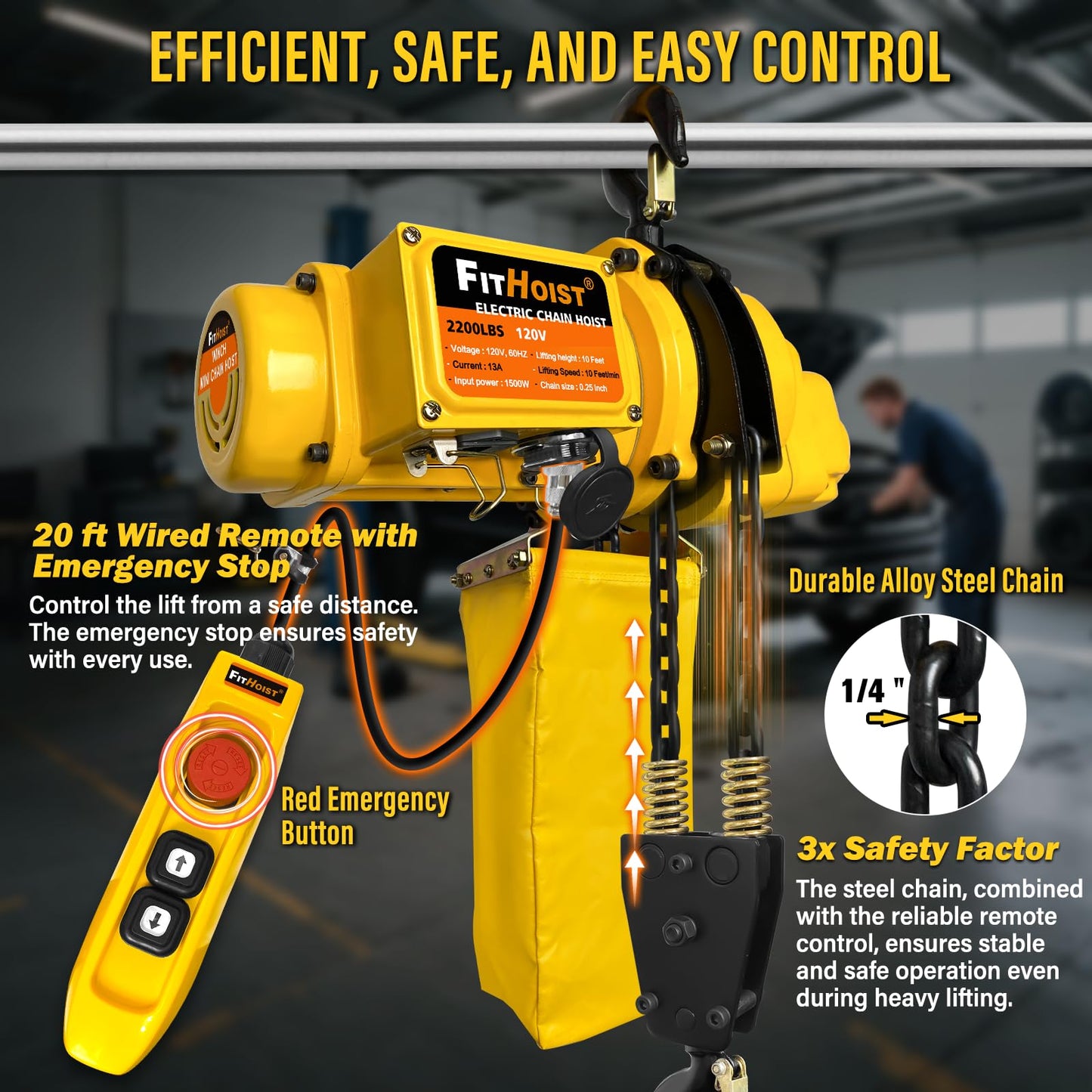 FITHOIST Electric Chain Hoist 1 Ton, 2200 lbs Capacity, 10 ft Lift Height, 1500W Motor, G80 Chain, 20 ft Wired Remote with Emergency Stop, 120V Hoist Lift for Garage, Workshop, Farm