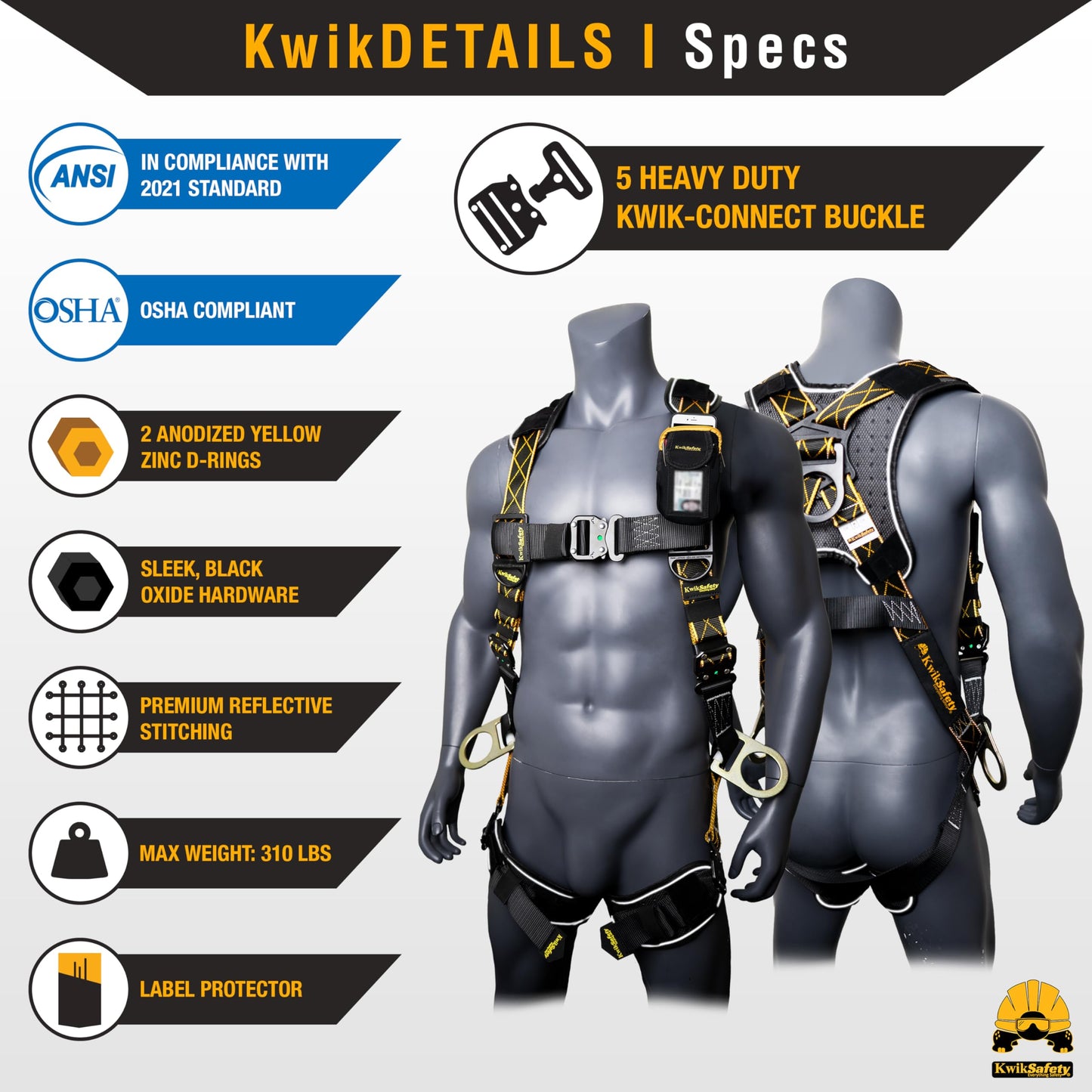 KwikSafety - Charlotte, NC - THUNDER DiamondBACK Safety Harness [5 QUICK CONNECT BUCKLES + 3 D-RINGS] ANSI OSHA Premium Fall Protection Black Full Body Fall Arrest Construction Roofing Gear