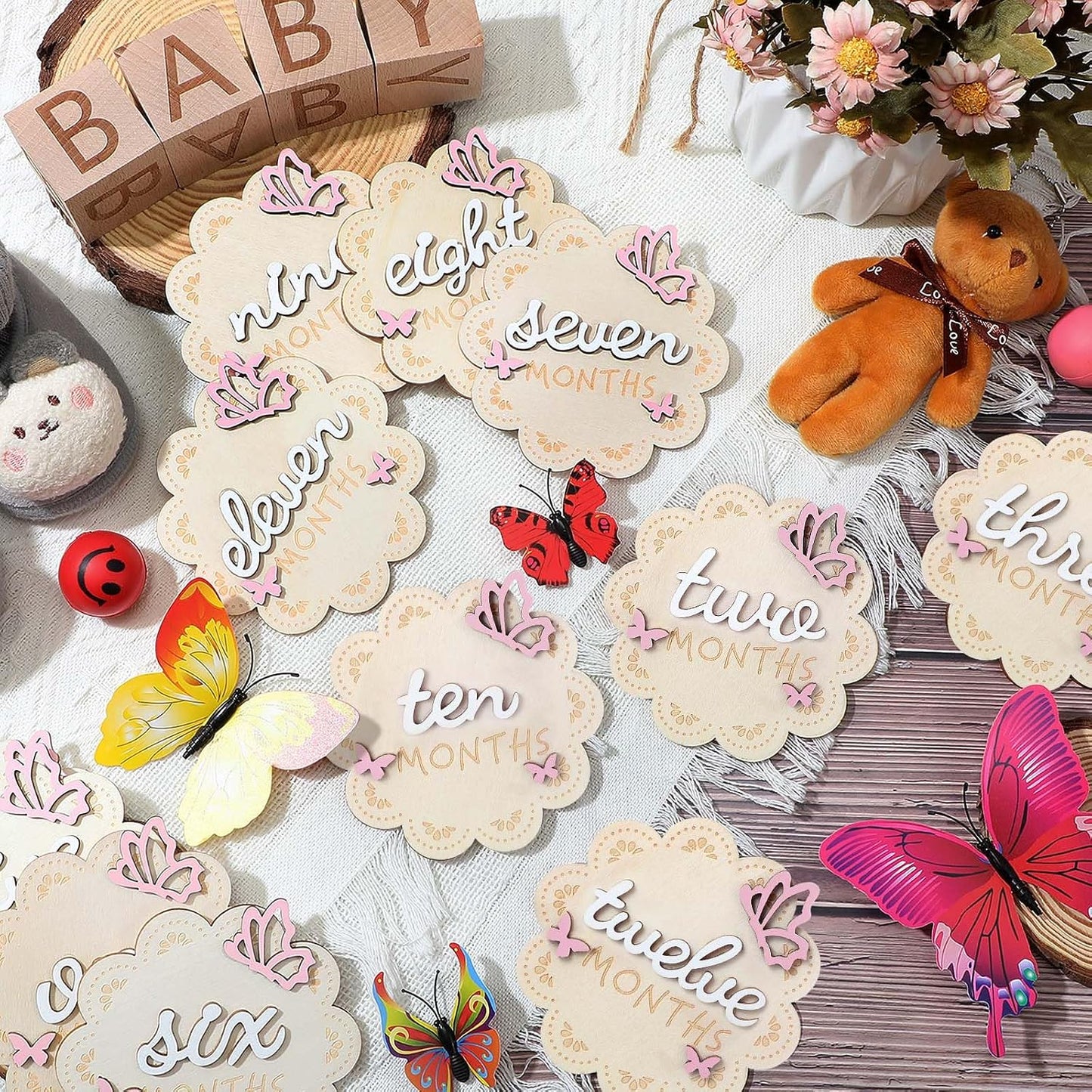 12 3D 1-12 Pcs Butterfly Wooden Baby Girl Monthly Milestone Cards Sign Months Milestone Marker Discs Newborn