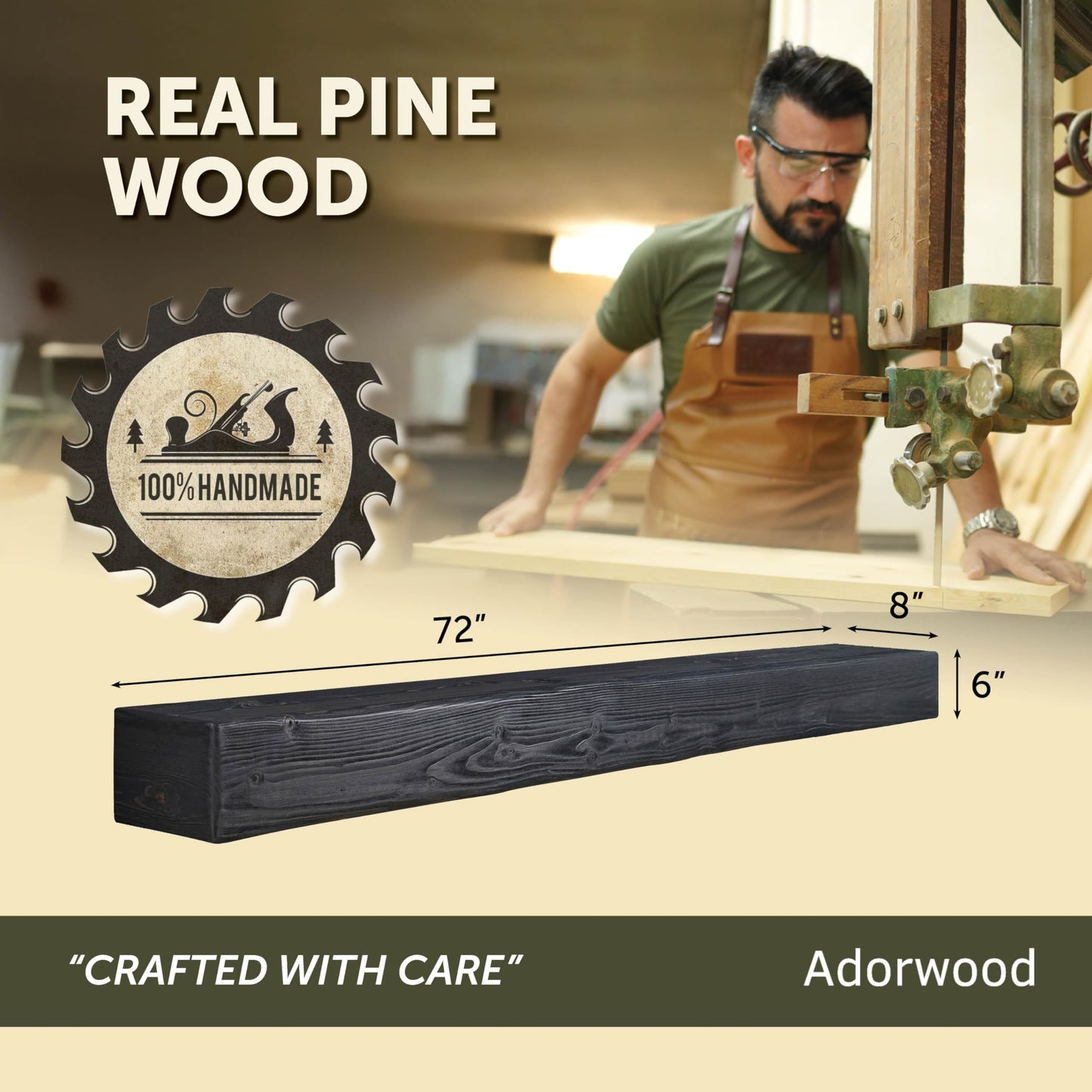 Adorwood Handmade Fireplace Mantel Shelf, Extra Wide Rustic Wood Mantles for Over Fireplace, Wall Mounted Floating Mantel Shelves for Living Room Decor (Ebony, 72 inches)