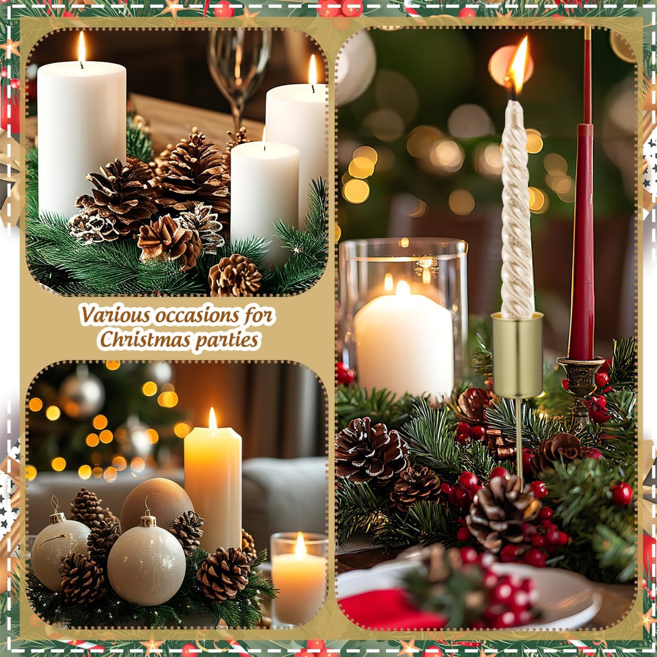 Skiennix Christmas Taper Candle Holders - Elegant Gold Liners for Pillar & Tealight Candles | 5 Pcs Set