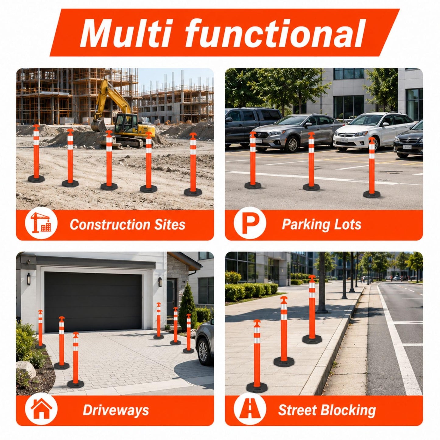 ELLUMIN 42" Traffic Delineator Posts,6 Pack Orange Safety Cones with Reflective Collars and Weighted Base for Road Safety, Parking Lots