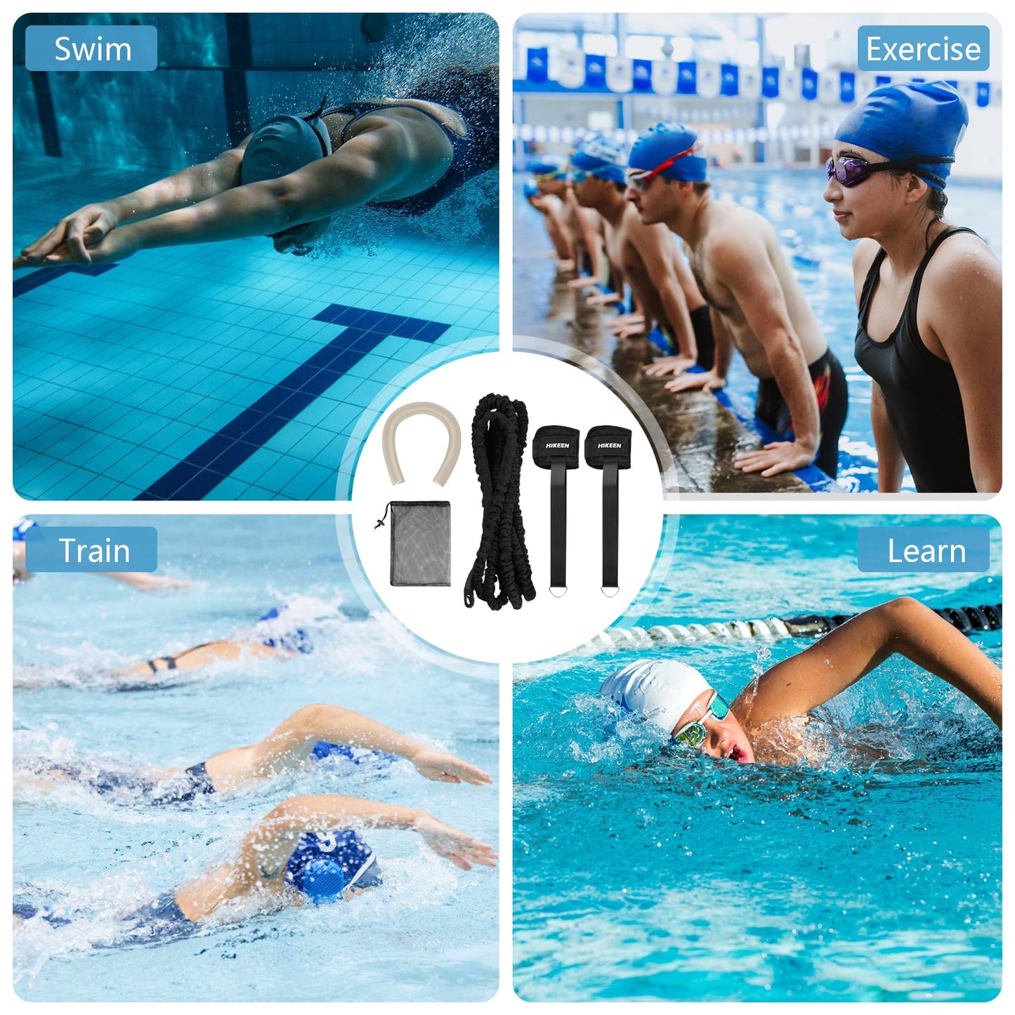 Hikeen Swim Ankle Straps 4M Swimming Tether with Metal Buckle & Bumper Strips Stationary in Place Training Leash Aquatic Resistance