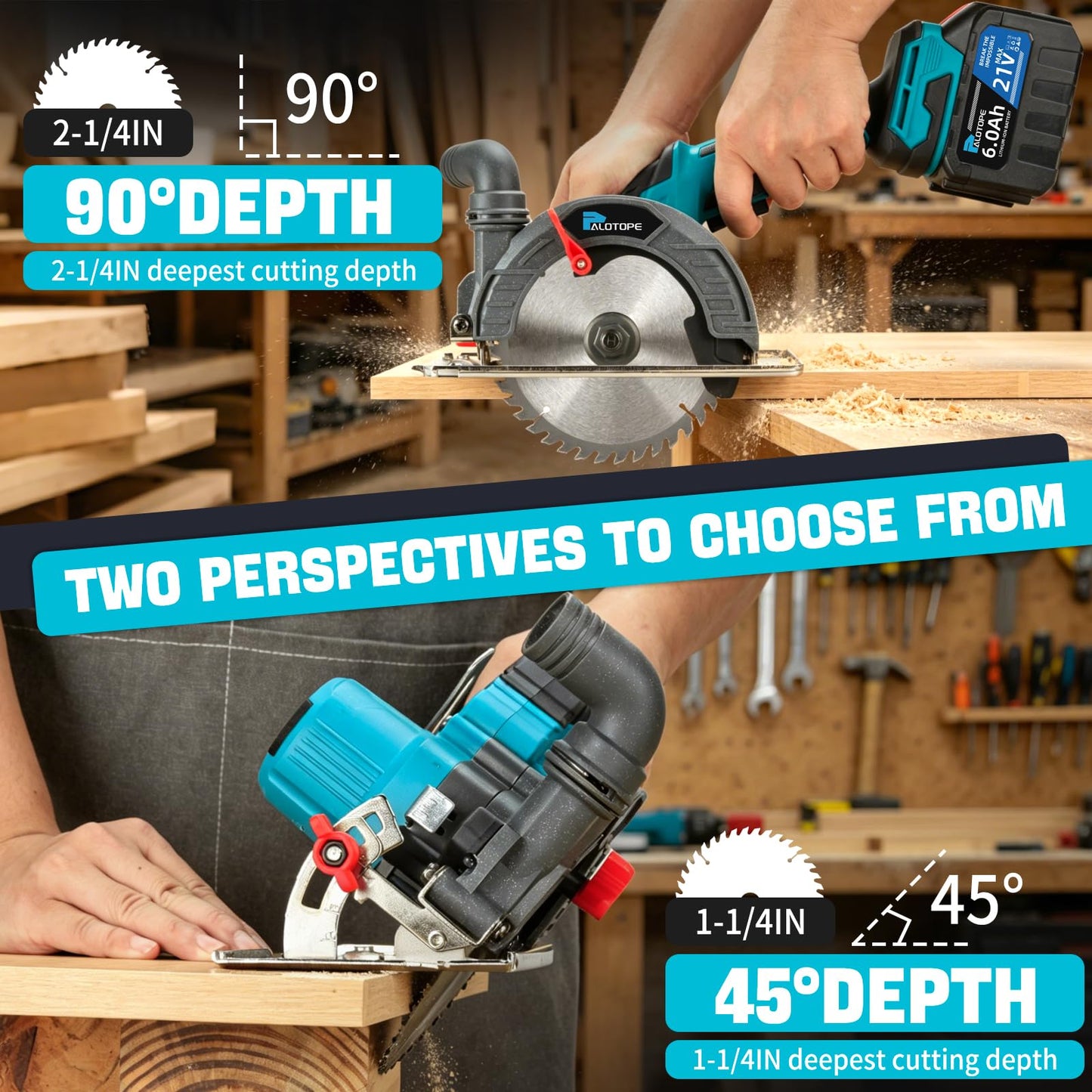 Palotope 6" Cordless Circular Saw,6900 RPM Power Wood Saw with 2 X 6.0Ah Batteries, 6" Alloy Blade, 2.2"(90°)1.5"(45°) Max Cutting Depth,Portable Table Saw for Wood,Home Renovation
