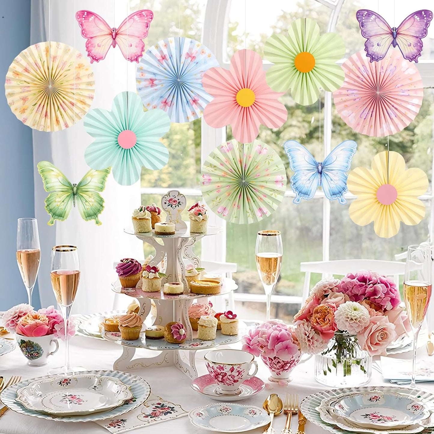 Skiennix Pastel Butterfly Garden Paper Fan - Floral Wall Decorations for Parties & Events