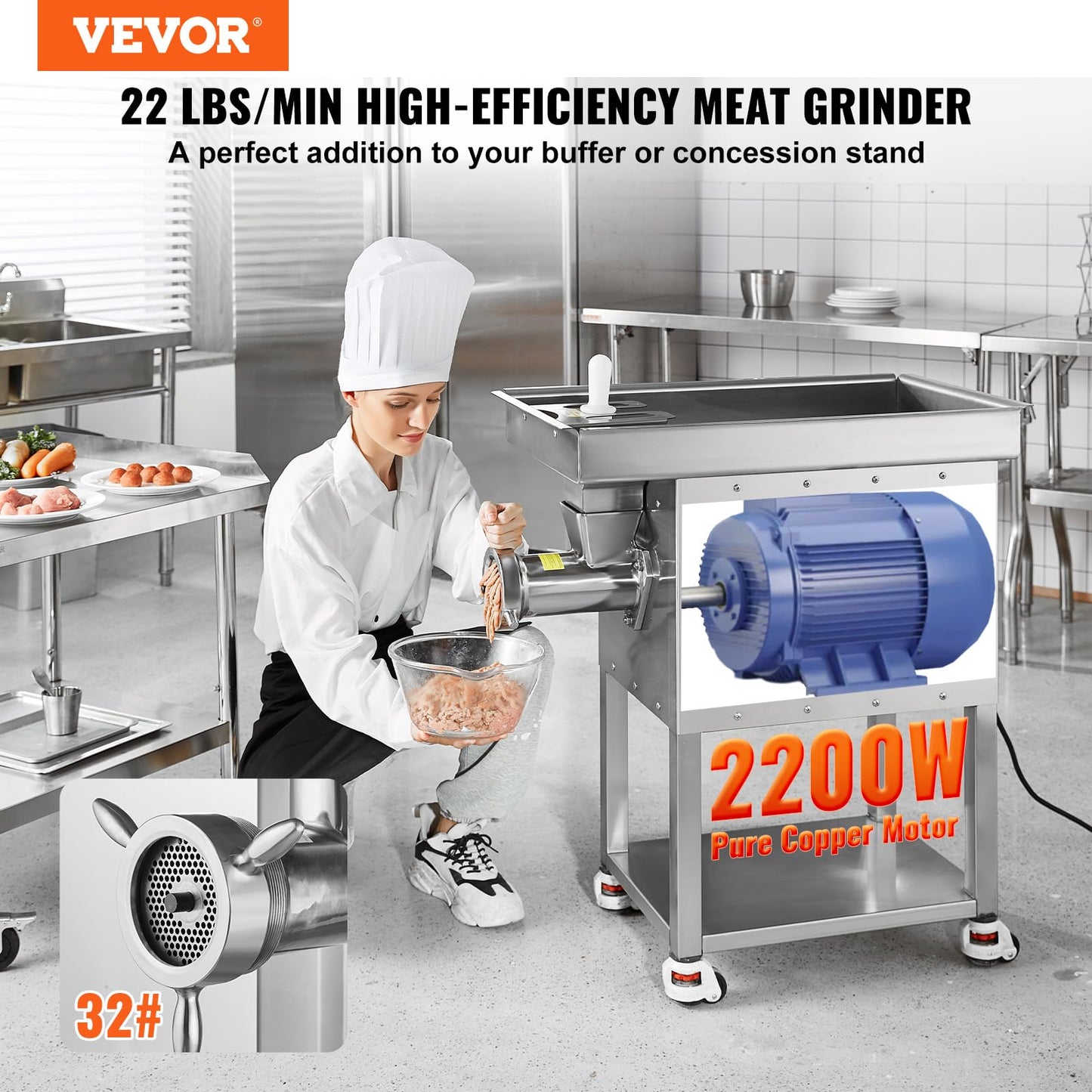 VEVOR Commercial Electric Meat Grinder, 22 Lb/Min Cabinet Meat Grinder, 2200W Industrial Grinder with Blade, Grinding Plate, Sausage Maker, Stainless Steel Meat Mincer Machine for Kitchen, Restaurant