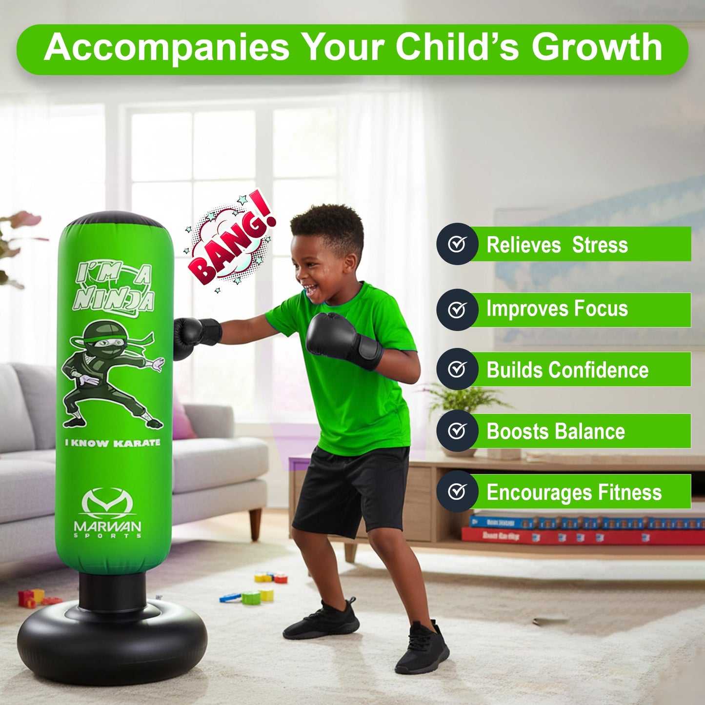 Marwan Sports Ninja Inflatable Punching Bag for Kids 4-12, Indoor Active Play for Sensory Seekers & High-Energy Kids, 63" 5-in-1: Gloves, Manual Pump, Funnel & Drag-Handle Base Cover, Apartment-Quiet