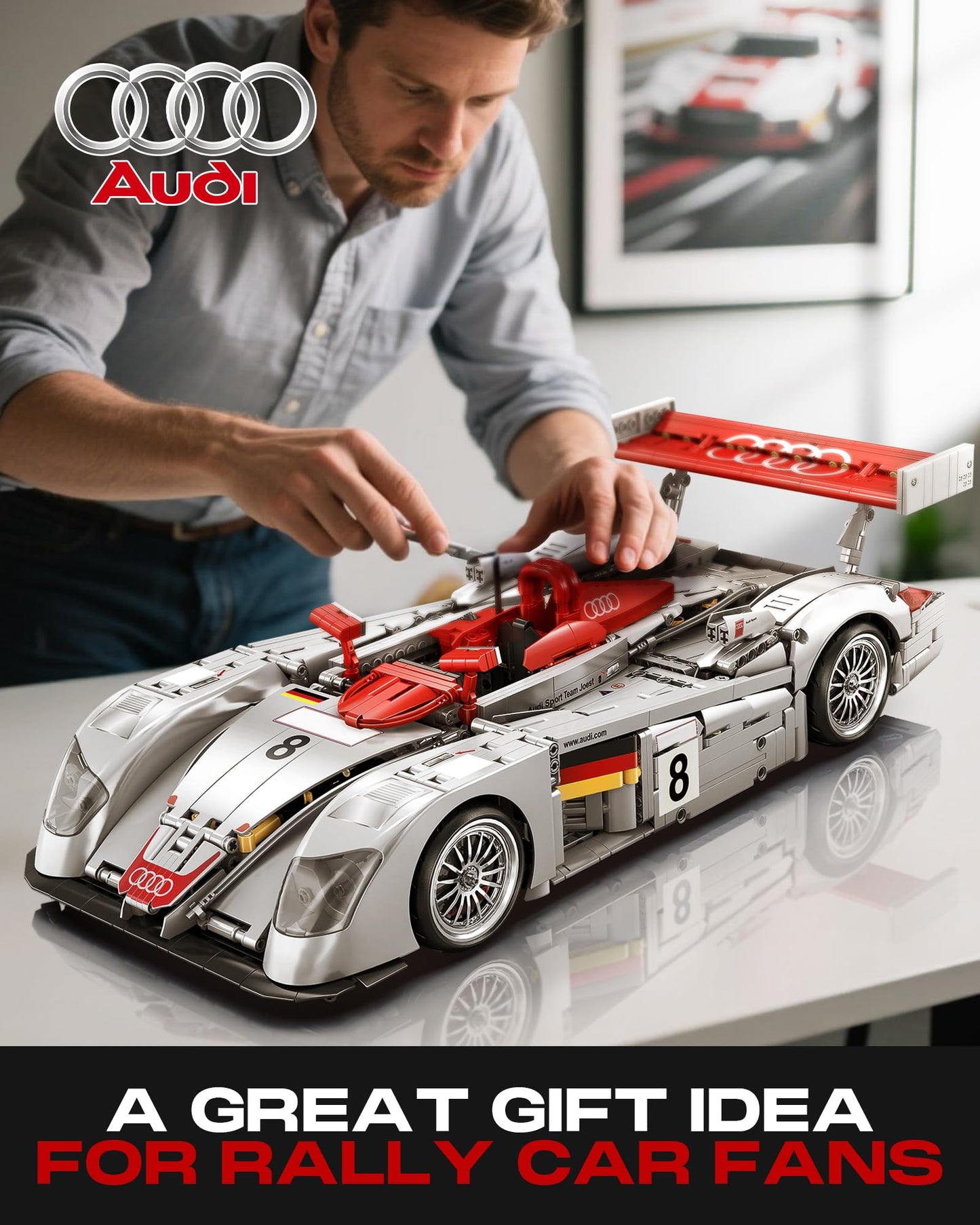 MOCBURIKU Audi R8 LM-P 24H Le Mans Winner, Collectible Race Car Building Kit for Adults Teens, 1:10 Scale Racing Techinc Car Model, Home or Office Décor Gift for Motorsport Fans Age 14+ (2,426 PCS)