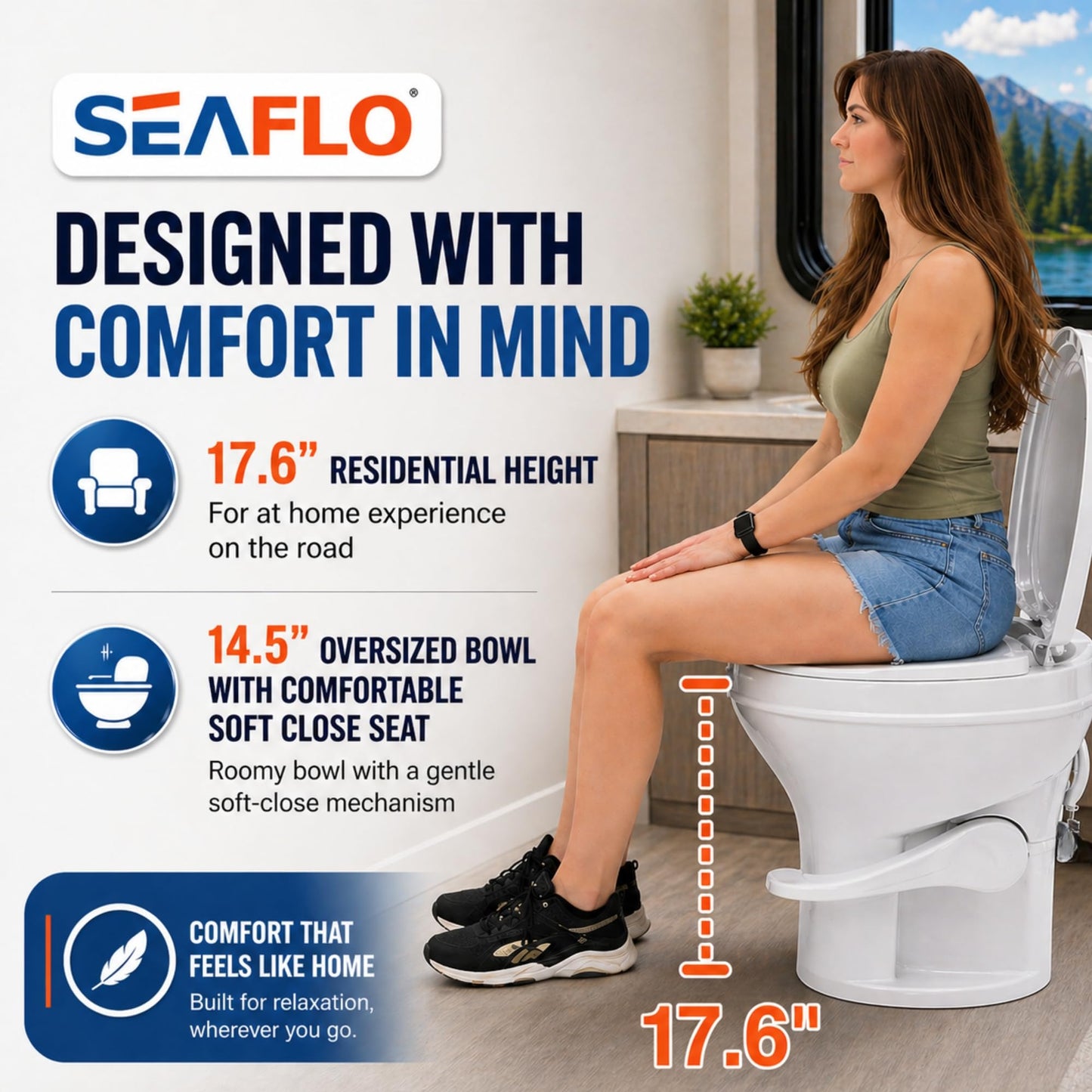 SEAFLO RV Toilet with Sprayer Attachment - White, 18.4” Residential Height, Gravity Flush Foot Pedal Camper Toilet Soft Close Seat Elongated Bowl Motorhome, 4-Year Warranty, SFRTPH-01-02