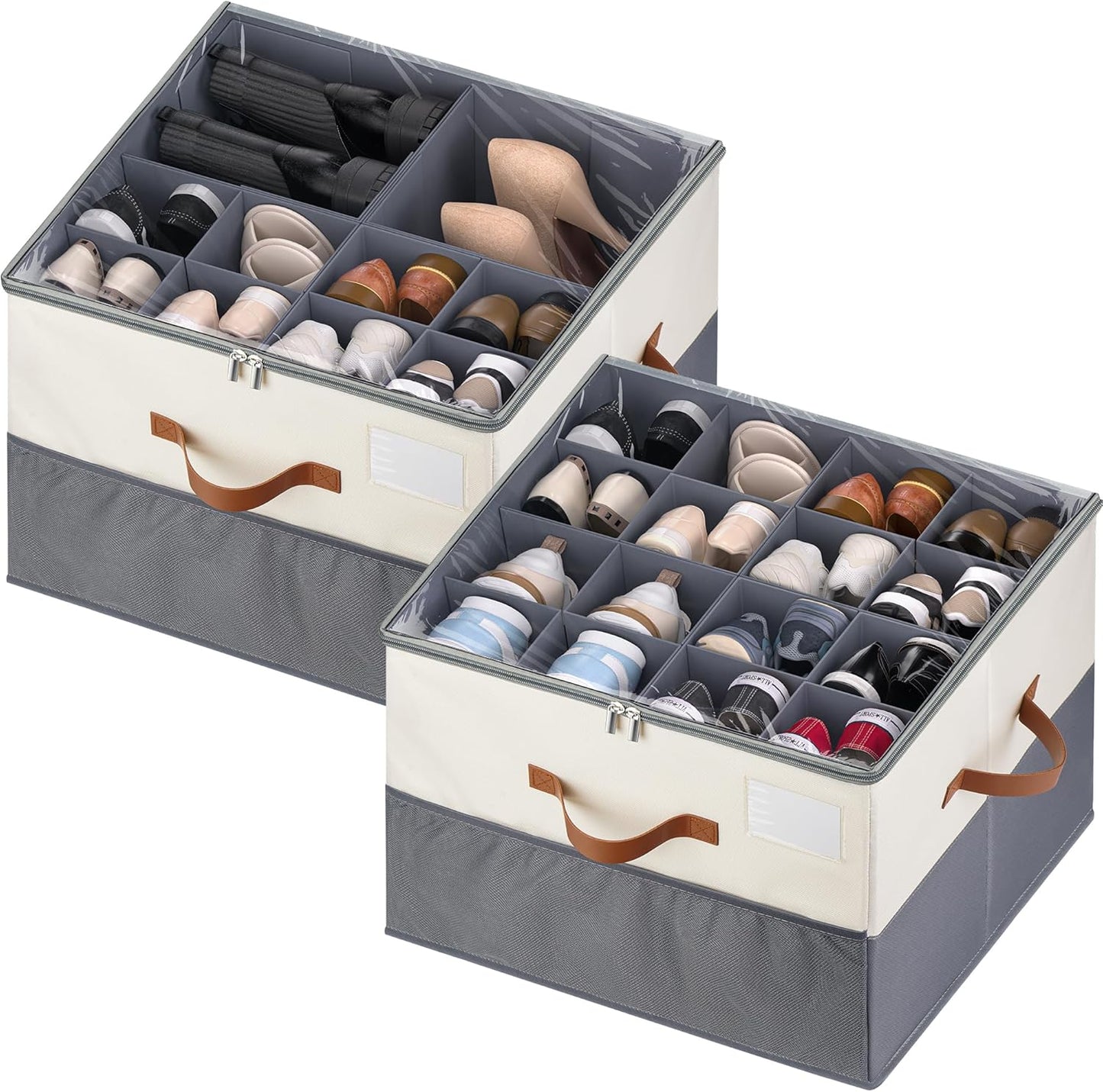 Regine Switzerland Shoe Organizer - 2 Pack Adjustable Storage Containers for 16-32 Pairs | Beige & Grey