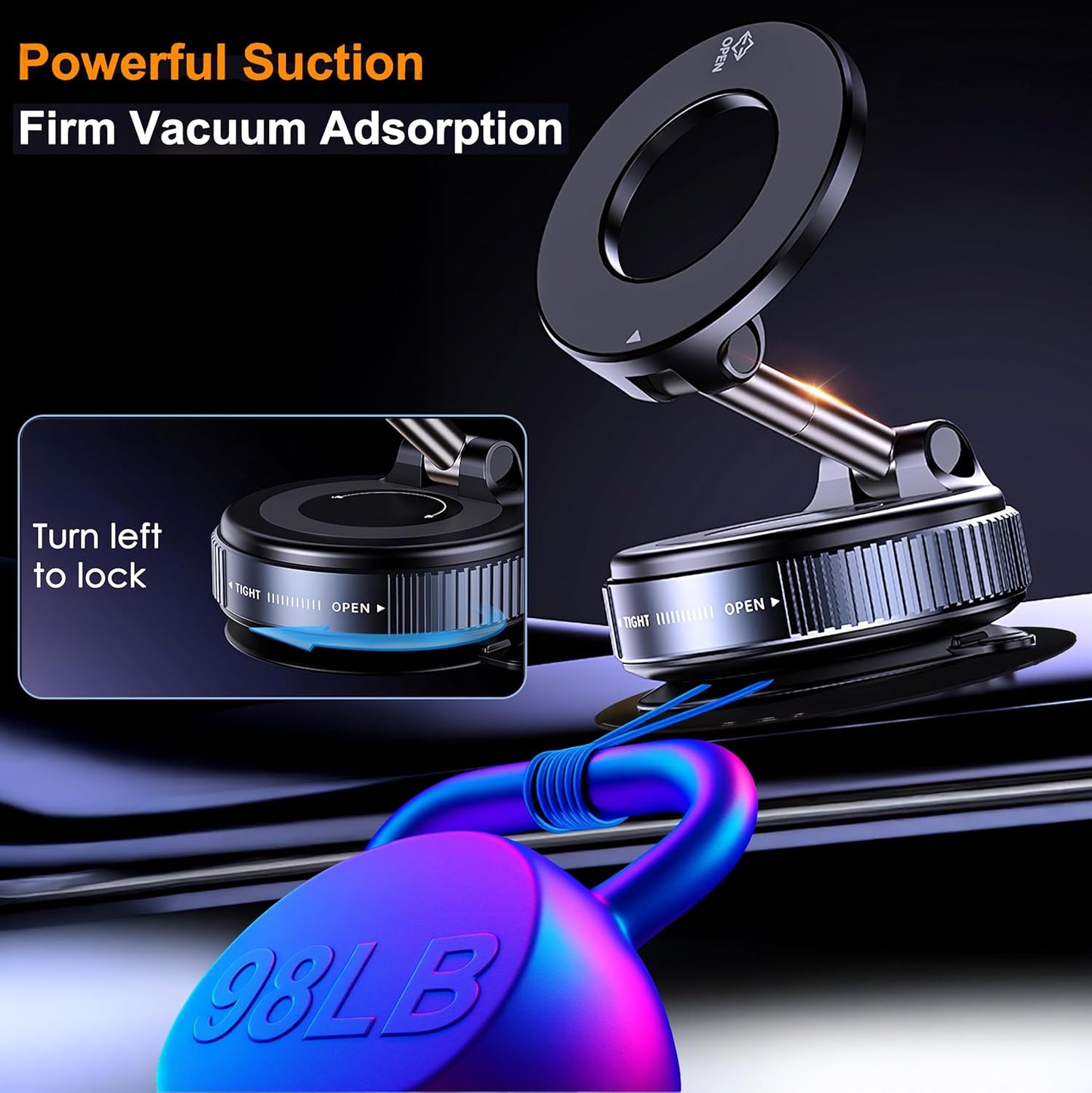 BLISSJU Vacuum Magnetic Car Phone Holder Foldable Mount with Ultra Suction Cup for Magnetic Phone Cases Cell Phone