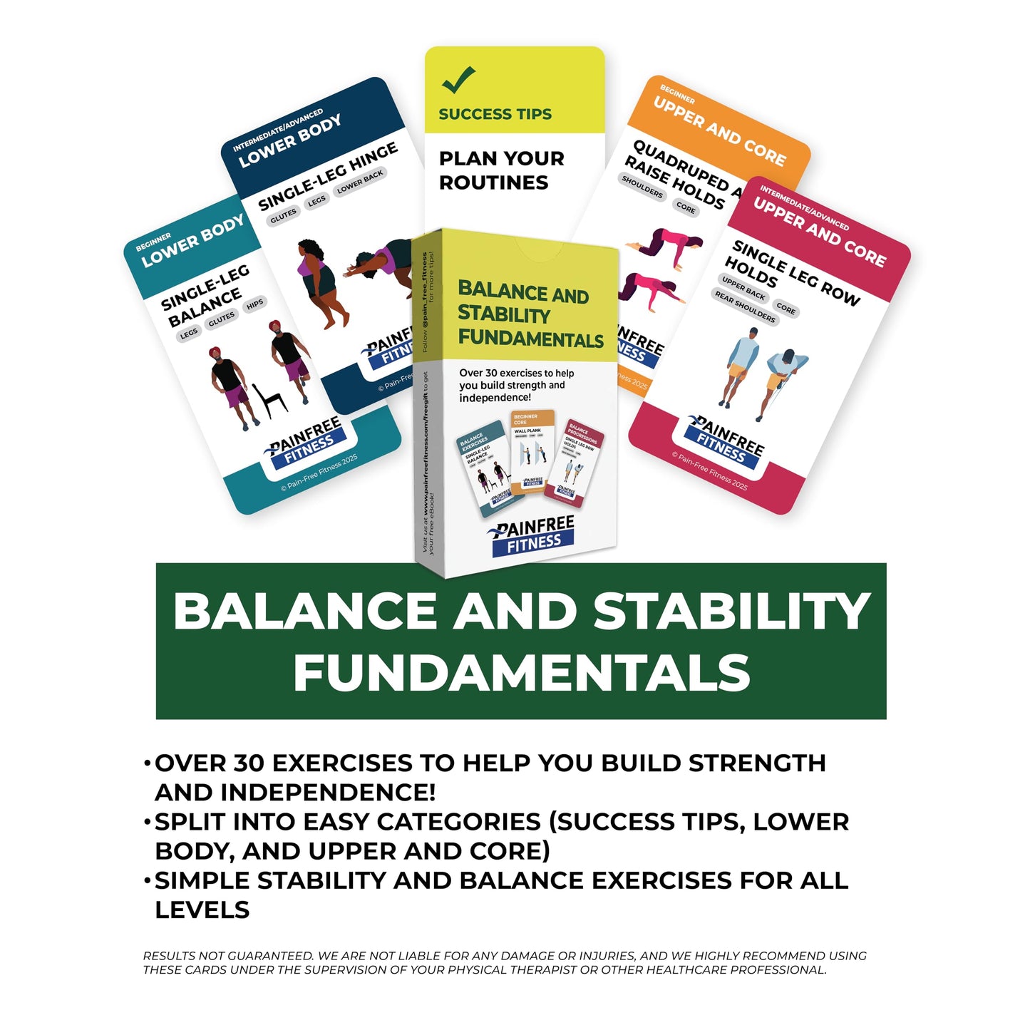 30 Exercise Cards Balance & Stability 3X5'' - Training Exercise Deck of Cards for Women & Men - Beginner to Intermediate - QR Video Guides & Inclusive Artwork - Tear-Resistant