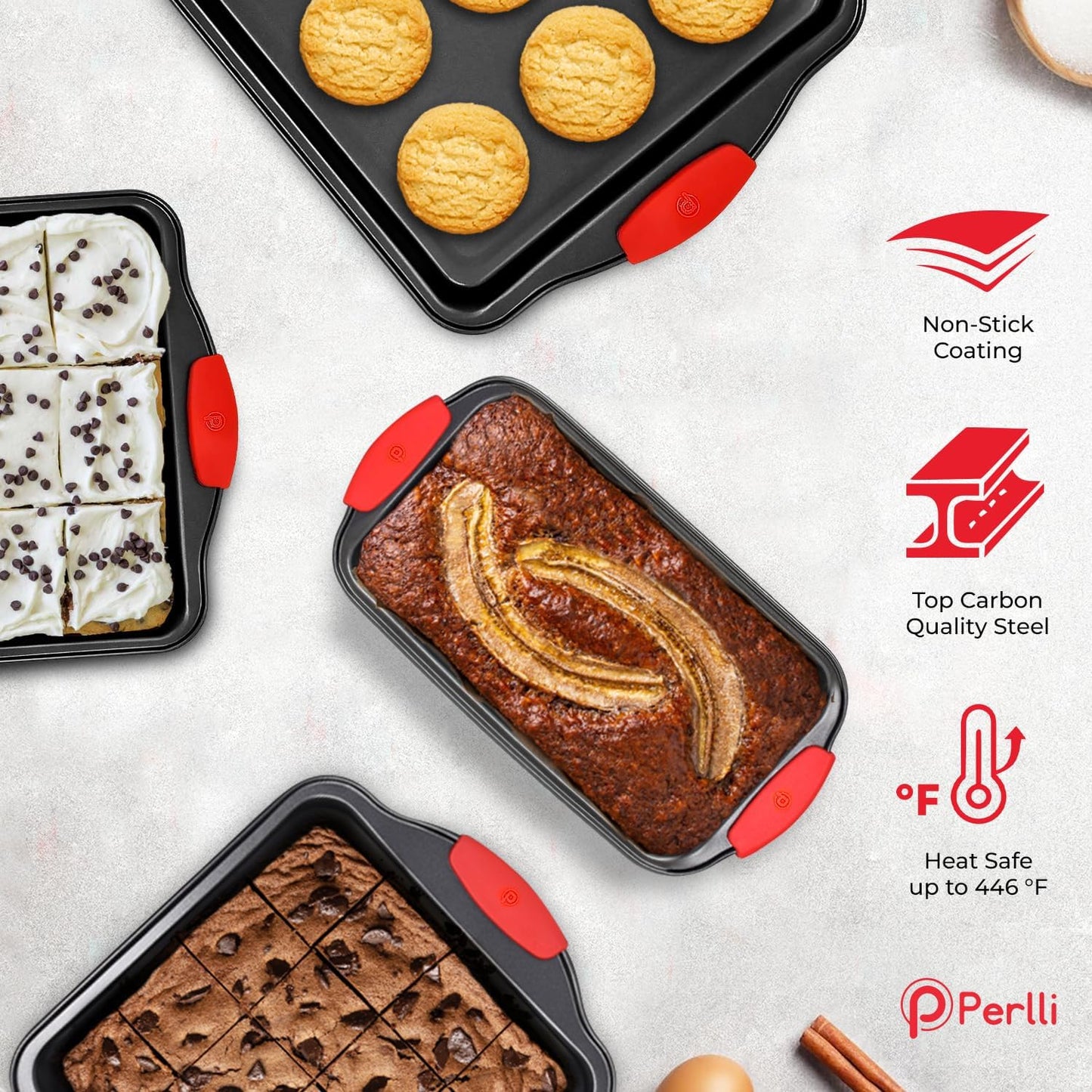 Perlli Non-Stick 17-Piece Baking Pan Set - BPA-Free Carbon Steel Bakeware with Silicone Handles | Oven Safe Up to 446°F