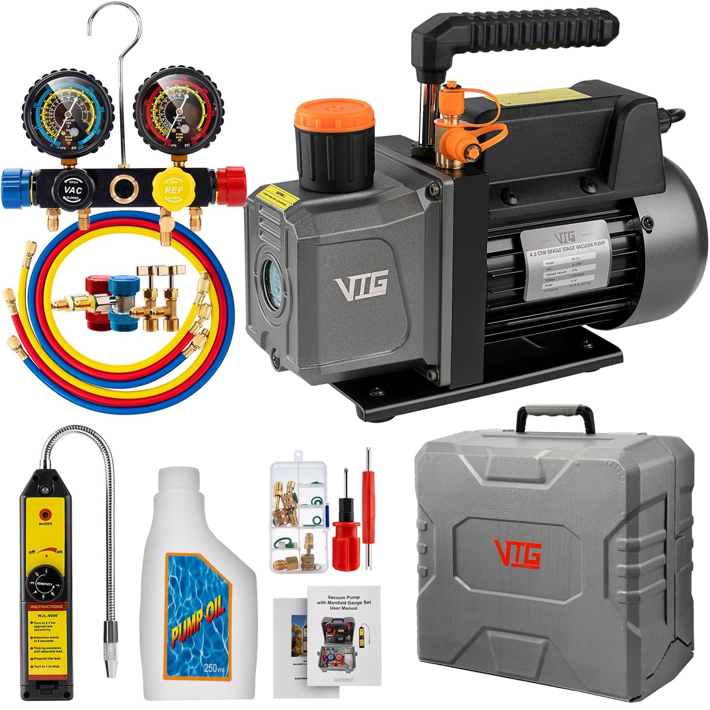 VTG VOGTEN 4.5 CFM AC Vacuum Pump and Gauge Set,for Mini Split/HVAC/Auto Systems,Manifold Gauge Kit Fits R134a R22 R410a,with Leak Detector,Upgraded Trifold Storage Case,4 Hoses,2 R134a Can Taps