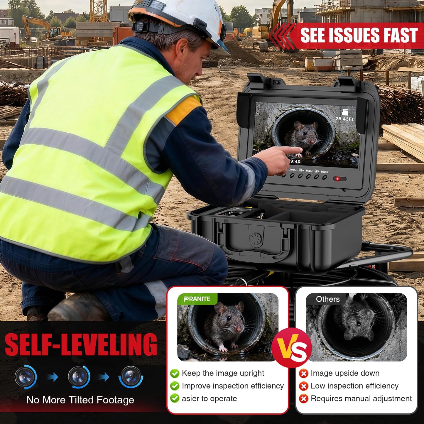 Self-Leveling Sewer Camera with 512Hz Locator, Distance Counter, 7mm Semi-Rigid Cable, 9 Inch 1080P IPS Screen, 23mm Waterproof Pipe Inspection Camera (200ft/60m)