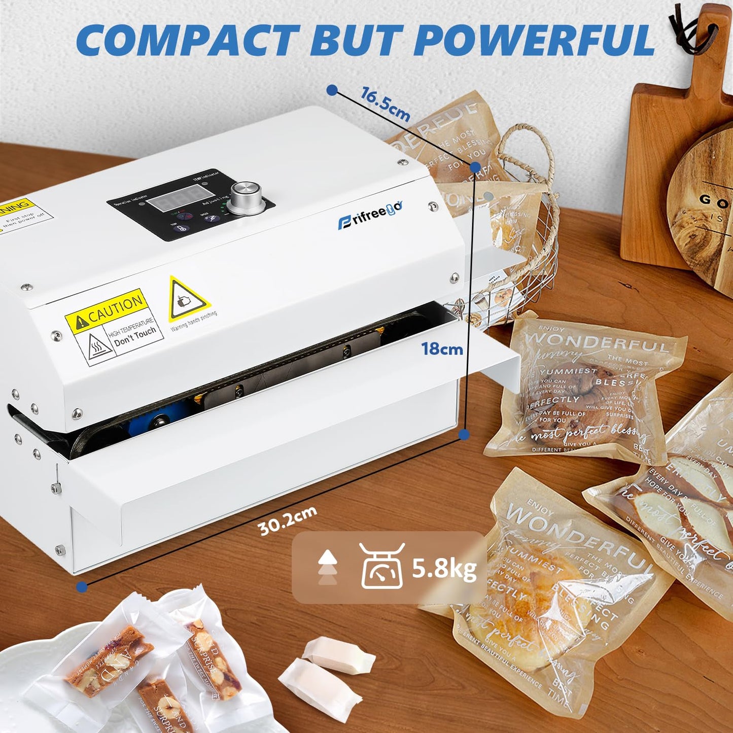 Frifreego Commercial Grade Heat Sealer Automatic Continuous Heat Bag Sealing Machine, Temp&Speed Adjustable, Heavy Duty Horizontal Bag Sealing Machine for Kinds of Plastic Packing Bags, Desktop White