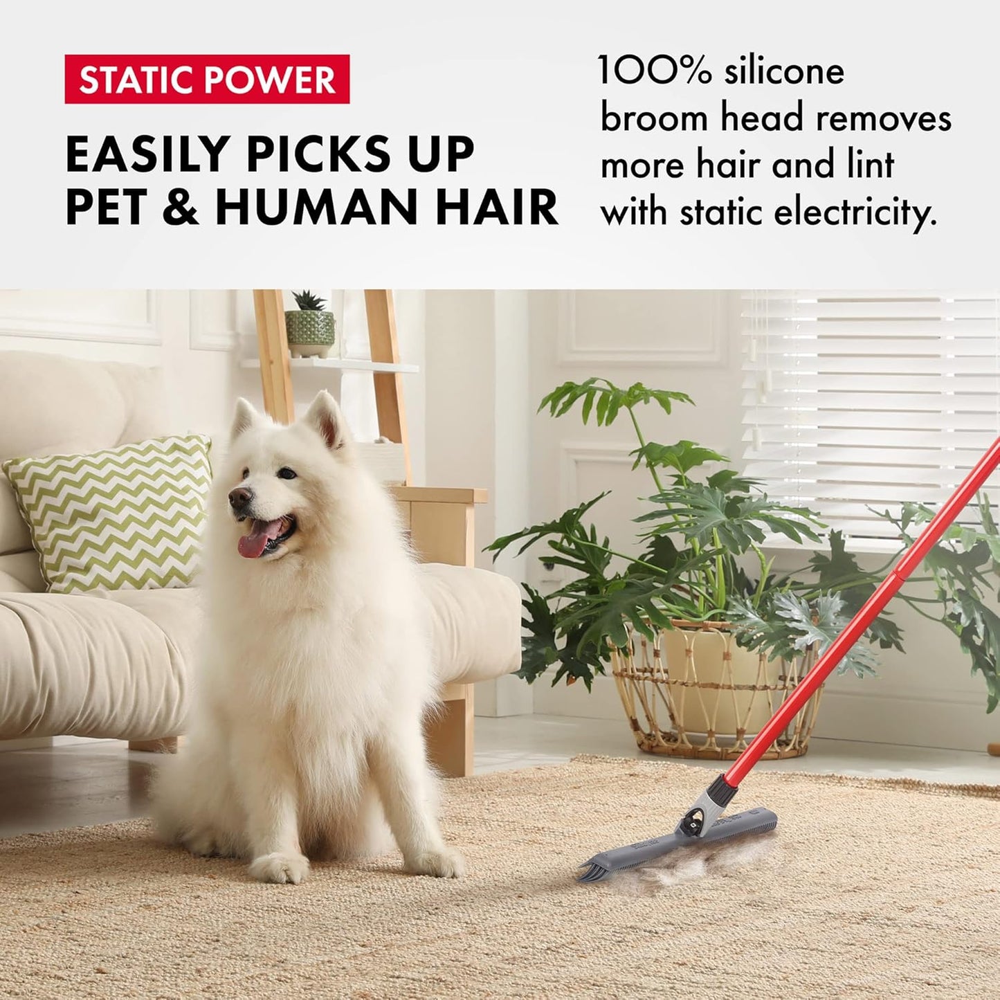 Skiennix 2-in-1 Silicone Rubber Broom | Pet Hair Removal & Squeegee - Long Handle, Slanted Bristles for Corners - Ideal for Carpet, Hardwood, Tile