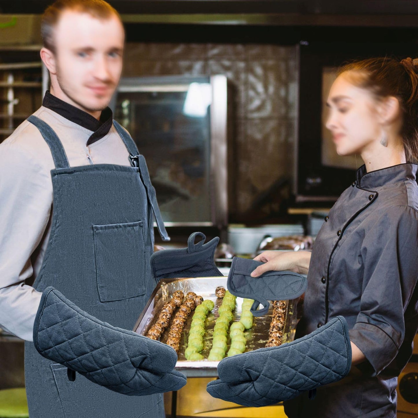 Oven Mitts and Pot Holders with Cooking Apron Set of 5, Heat Resistant Kitchen Gloves and Silicone Non-Slip Potholders, Adjustable Neck Buckle Chef Apron, Cotton Nice Design for Cooking （Navy…