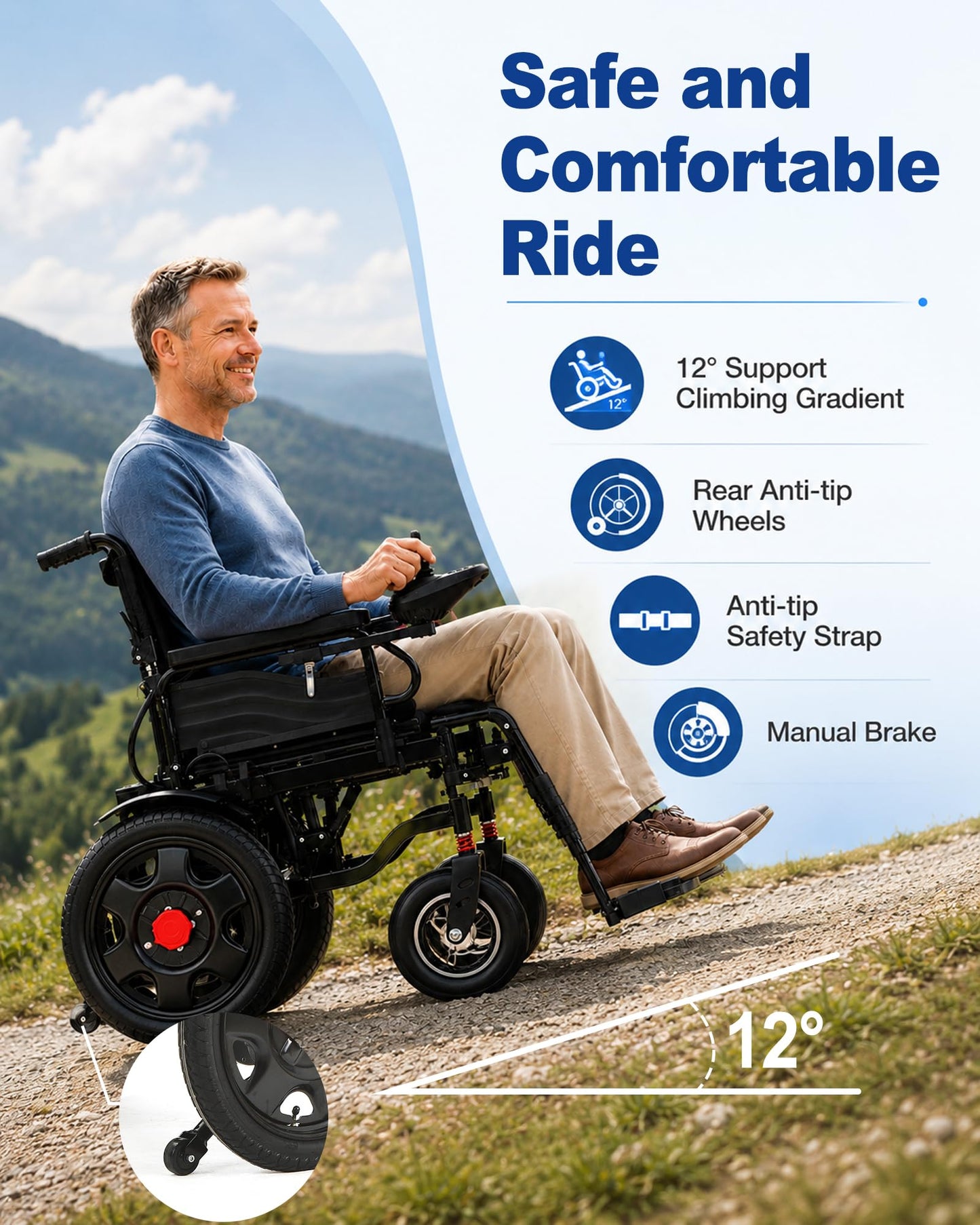 Electric Wheelchair for Adults - 500W Dual Motors, 15 Miles Long Travel Range Motorized Wheelchair, Foldable & Portable, All Terrain Power Wheel Chair for Seniors& Max