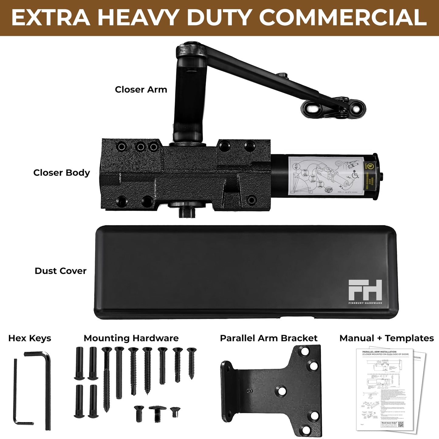 Finsbury FH‑9500 Commercial Door Closer, Heavy Duty Grade 1 Aluminum, Hydraulic Auto Close, Adjustable Spring 1–6, UL 3‑Hour Fire Rated, ADA Compliant, Surface Mount for High Traffic Doors (Black)