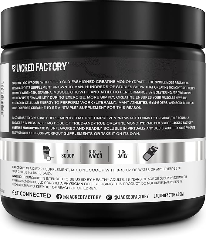 Jacked Factory Creatine Monohydrate Powder 150g - 5g Daily Creatine Supplement for Men and Women, Vegan-Friendly, Third-Party Tested - 30 Servings, Unflavored