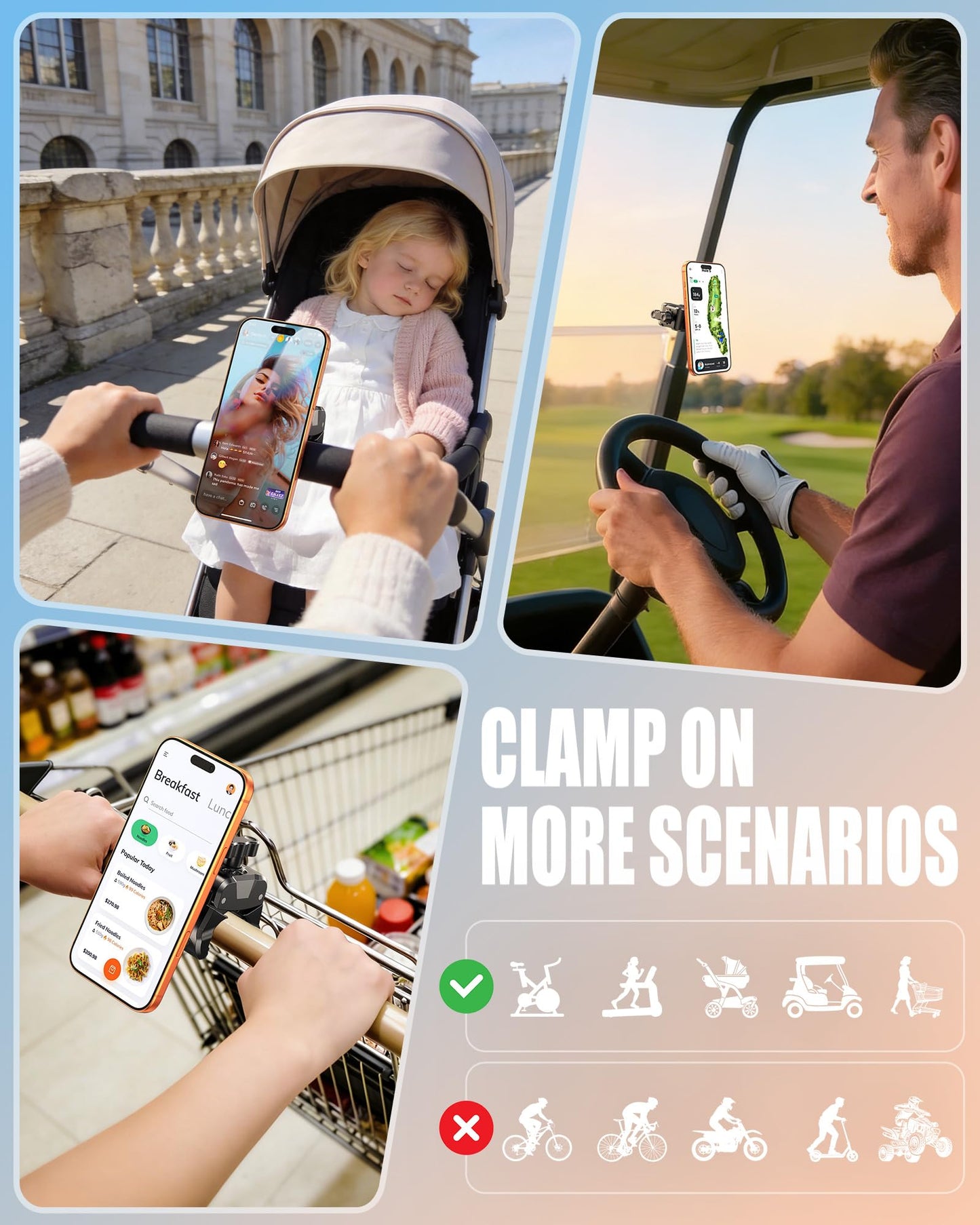 iBytoc Magnetic Gym Stroller Phone Holder with Clamp, 16 x N55 Strong Magnet Phone Mount, 360° Rotating & 60° Tilt for Treadmill/Exercise Bike/Golf Cart/Shopping Cart, Fit for iPhone 12-17 & Android