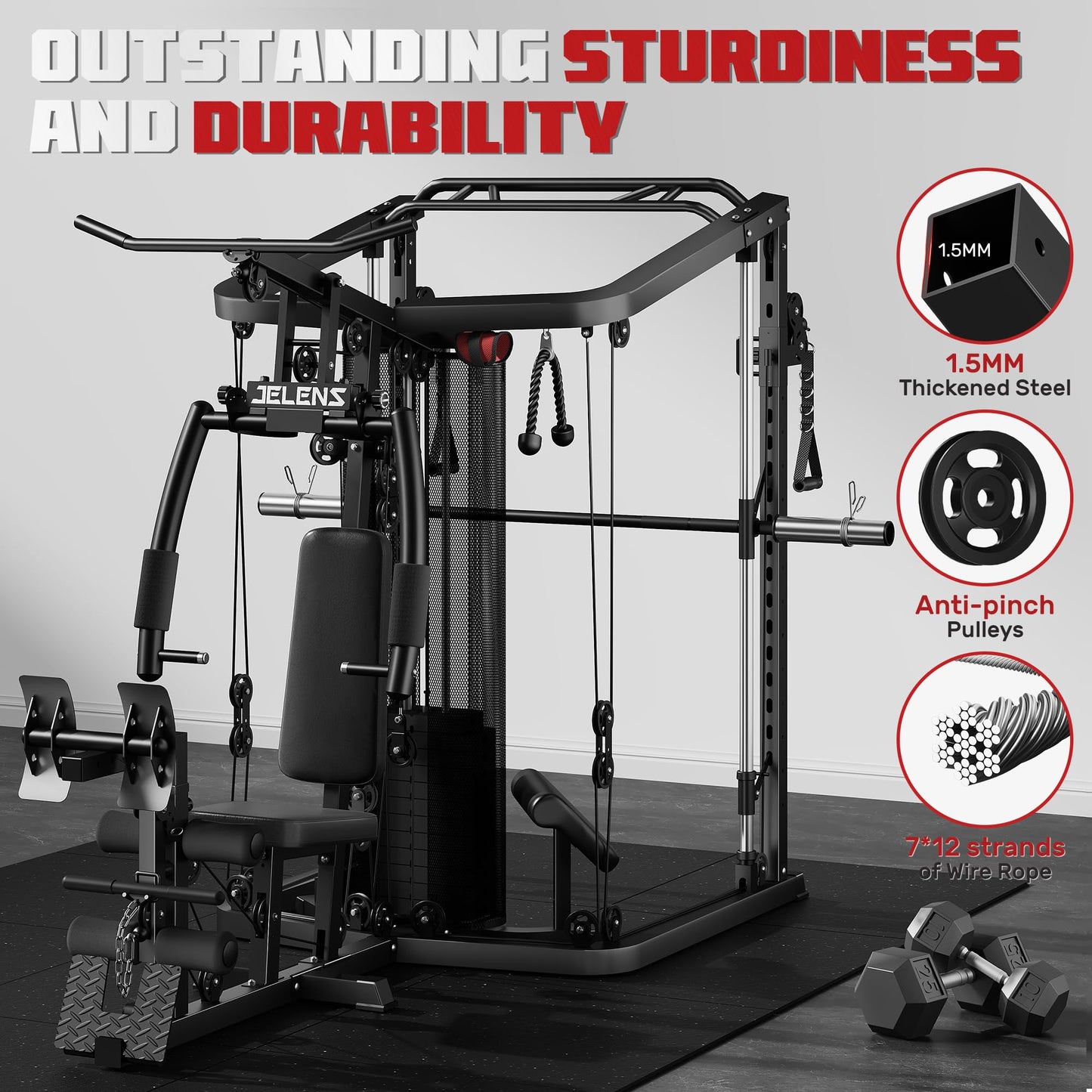 JELENS Home Gym System, 150LB Weight Stack Smith Machine with LAT Pull-Down & Leg Press, All-in-One Strength Training Equipment, Workout Station for Workout (Black, 230LBS Black Weights Package)