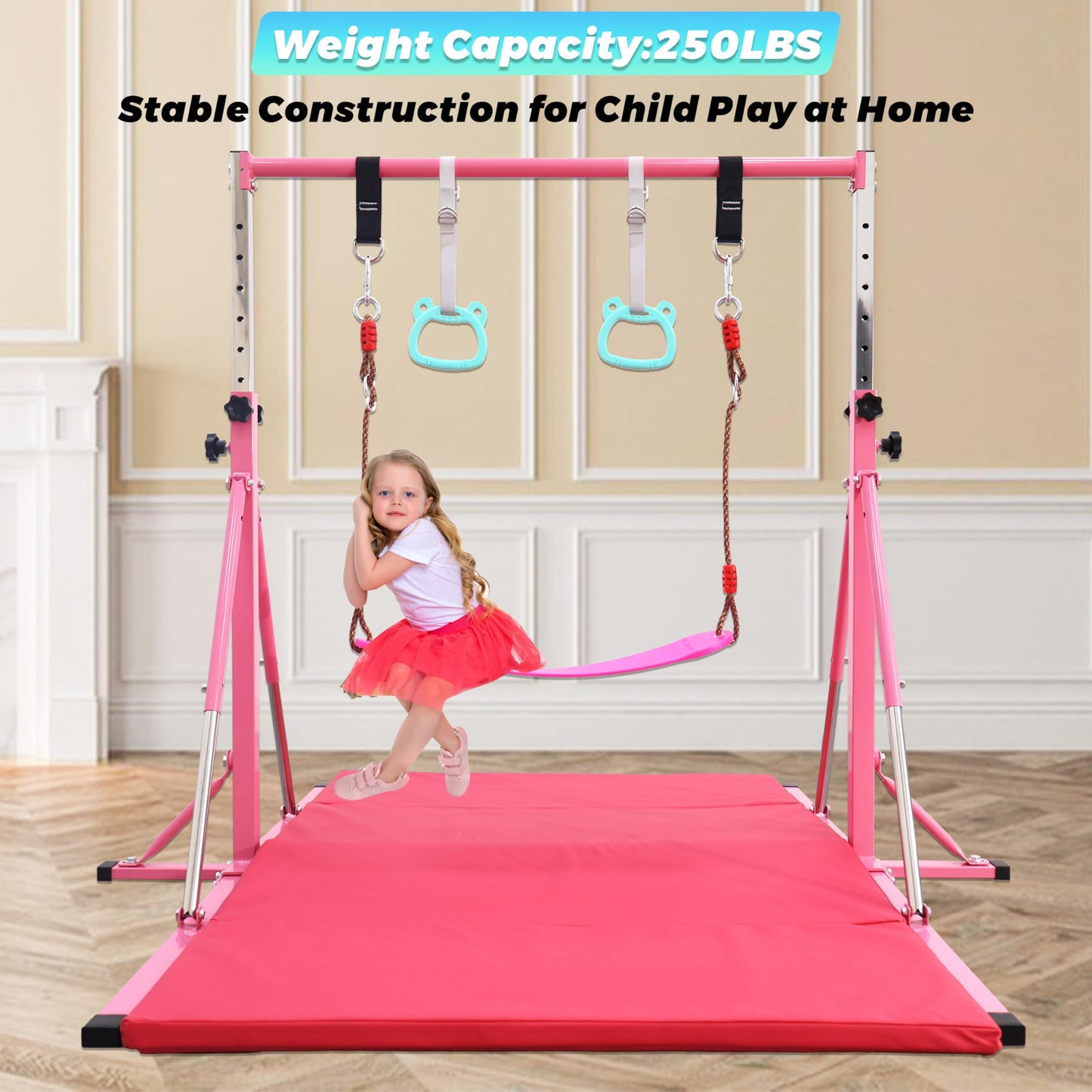 FC FUNCHEER Foldable Gymnastics Bar,5FT Horizontal bar,Adjustable Kids Training bar for Kids Ages 3-15,Kids Gymnastics bar,Triangle Stable Structure-Gym Equipment for Home