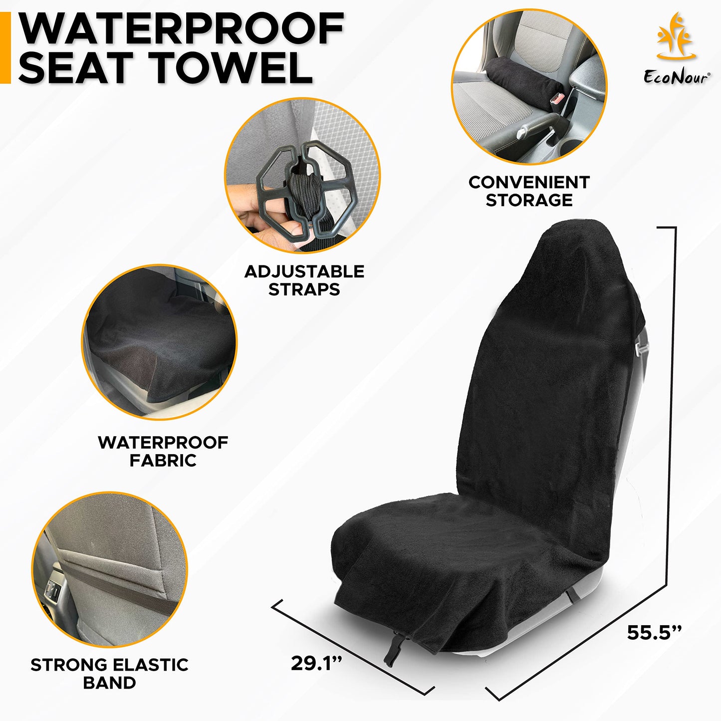 EcoNour Car Seat Cover Sweat Towel – Waterproof Universal Seat Protector for Gym, Workout, Swimming, Camping & Dog Travel – Washable Car Seat Cover for Cars, Trucks, SUVs & Vans – Black 29" x 55.5"