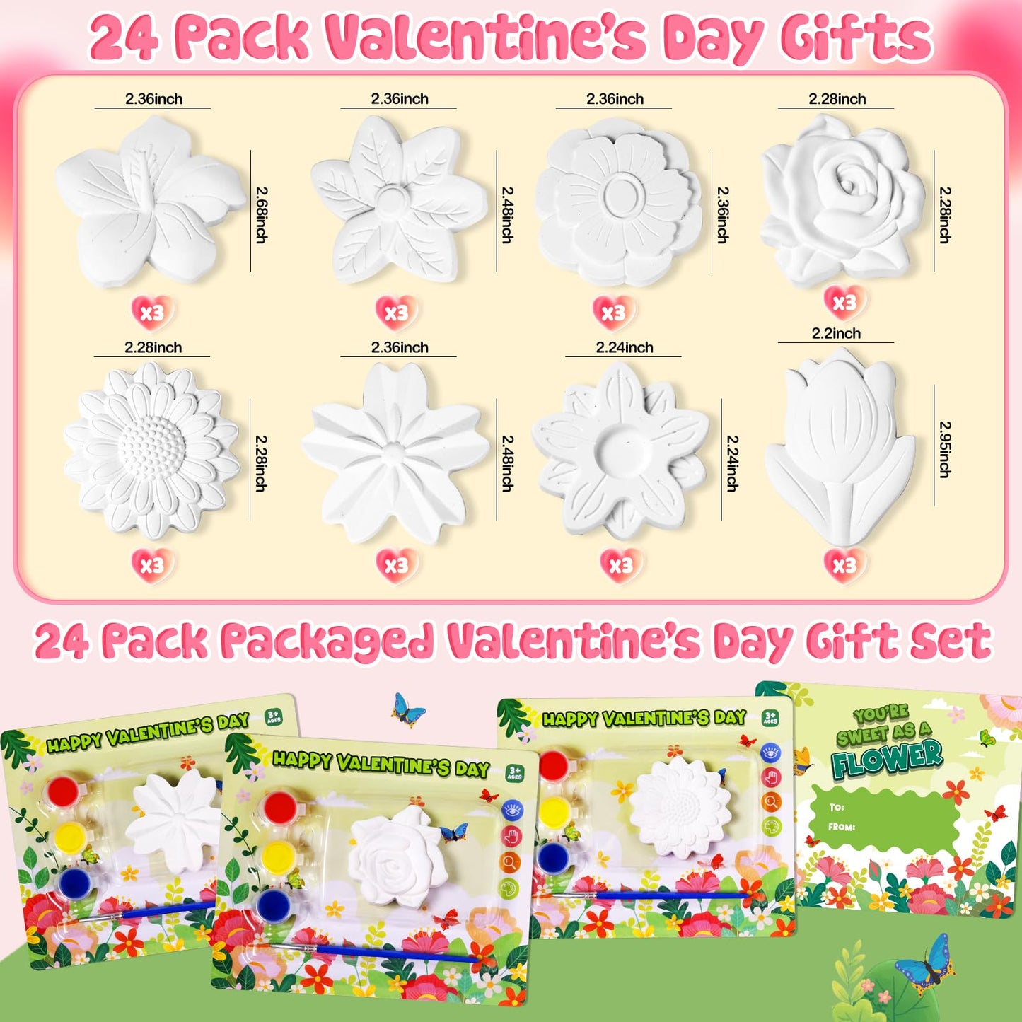 SpringFlower Valentine's Day Cards with Plaster Painting Kit for School Classroom Valentine's Gift Exchange, Valentine's Party Favor for Kids & Art and Craft Activity,24 Pack