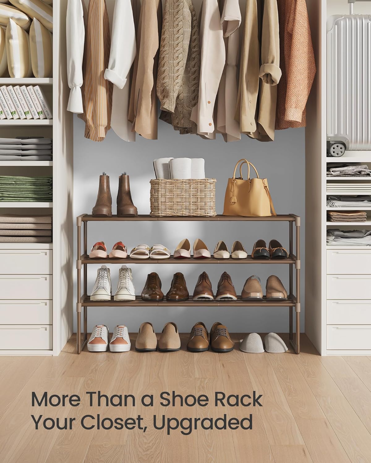 SONGMICS 3-Tier Shoe Rack - Stackable Metal Organizer for 16-20 Pairs | Walnut Brown, 11.8 x 36.2 x 21.7 Inches