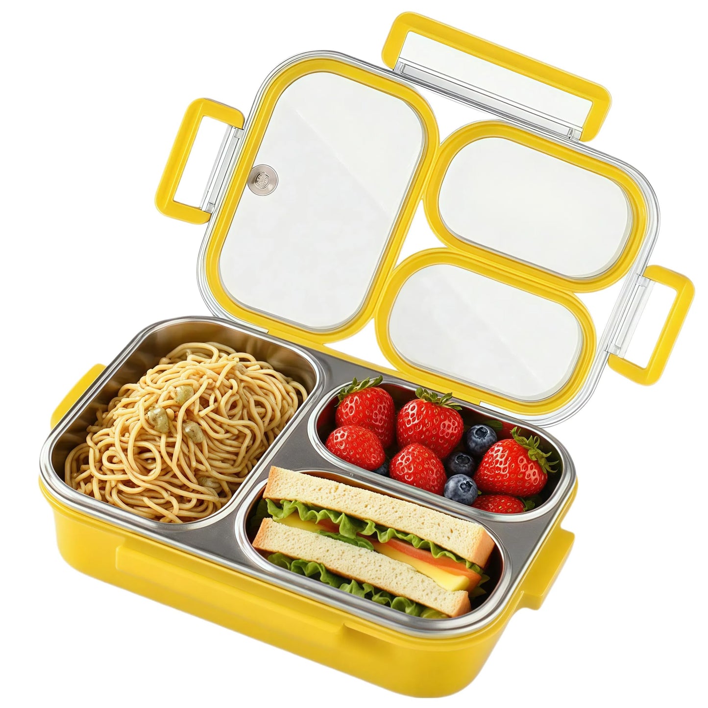 Eechen Charm Stainless Steel Lunch Box, 3 Compartment Bento Box for Kids & Adults, Leakproof Metal Food Container for School, Work, Picnic, Easy to Clean (Yellow)