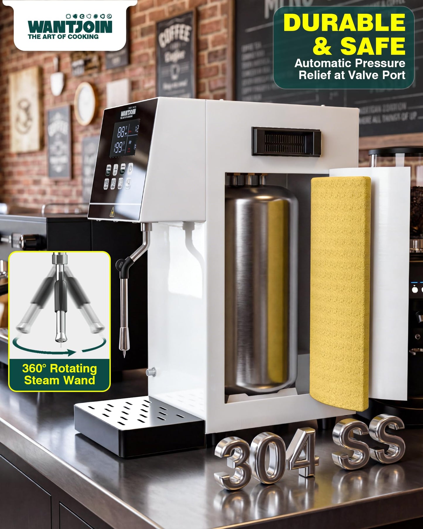 WantJoin Commercial Milk Frother - 2000W Milk Steamer for Latte Cappuccino Coffee, Beverage Heater with Hot Water Dispenser & LED Display, Hotel Use (White)