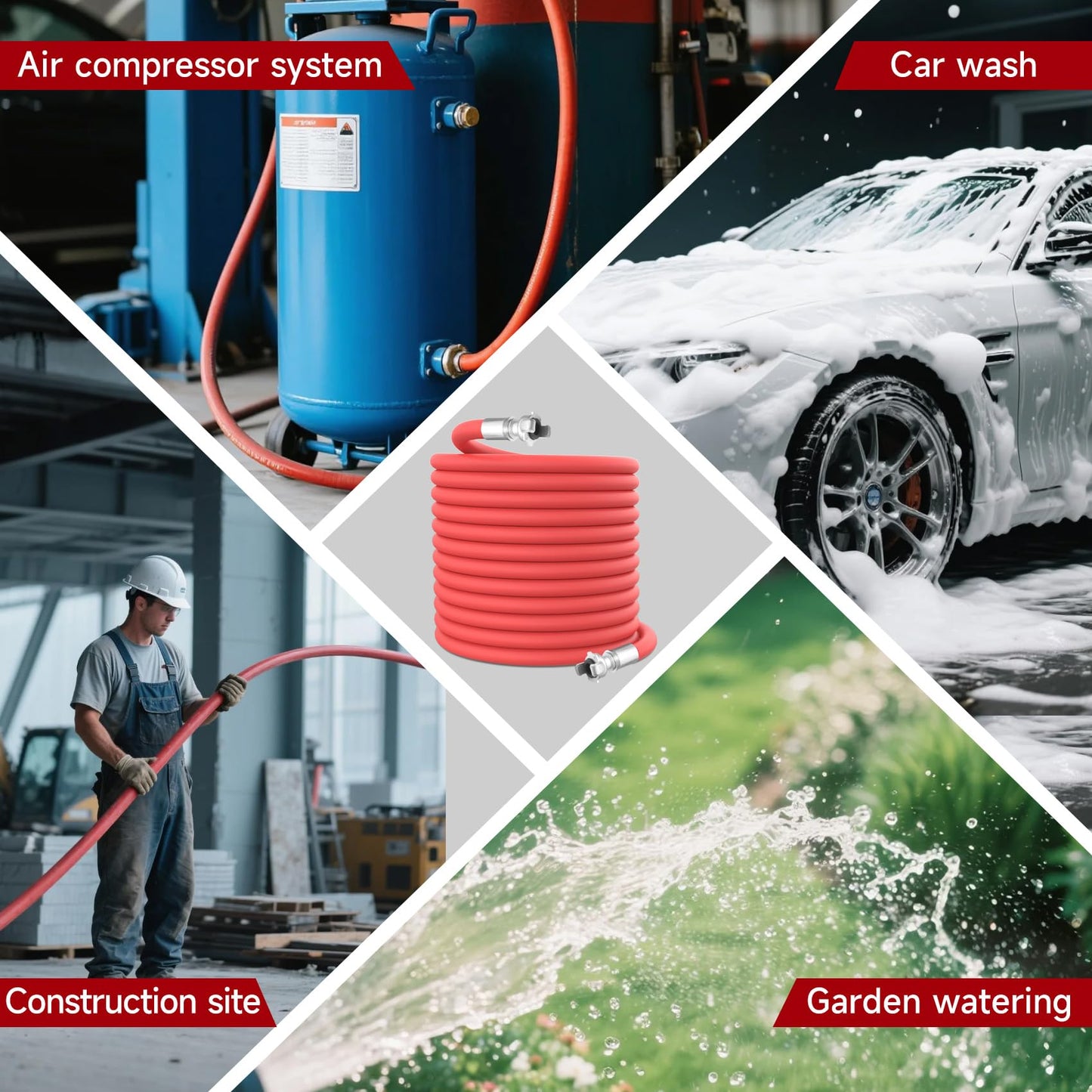 3/4 inch * 100FT Red Rubber Air HoseChicago Connectors Air Compressor Hose 100% Rubber, 300 PSI, 50F to 190F Degrees High Strength Polyester Braided Replacement Air Line Kit