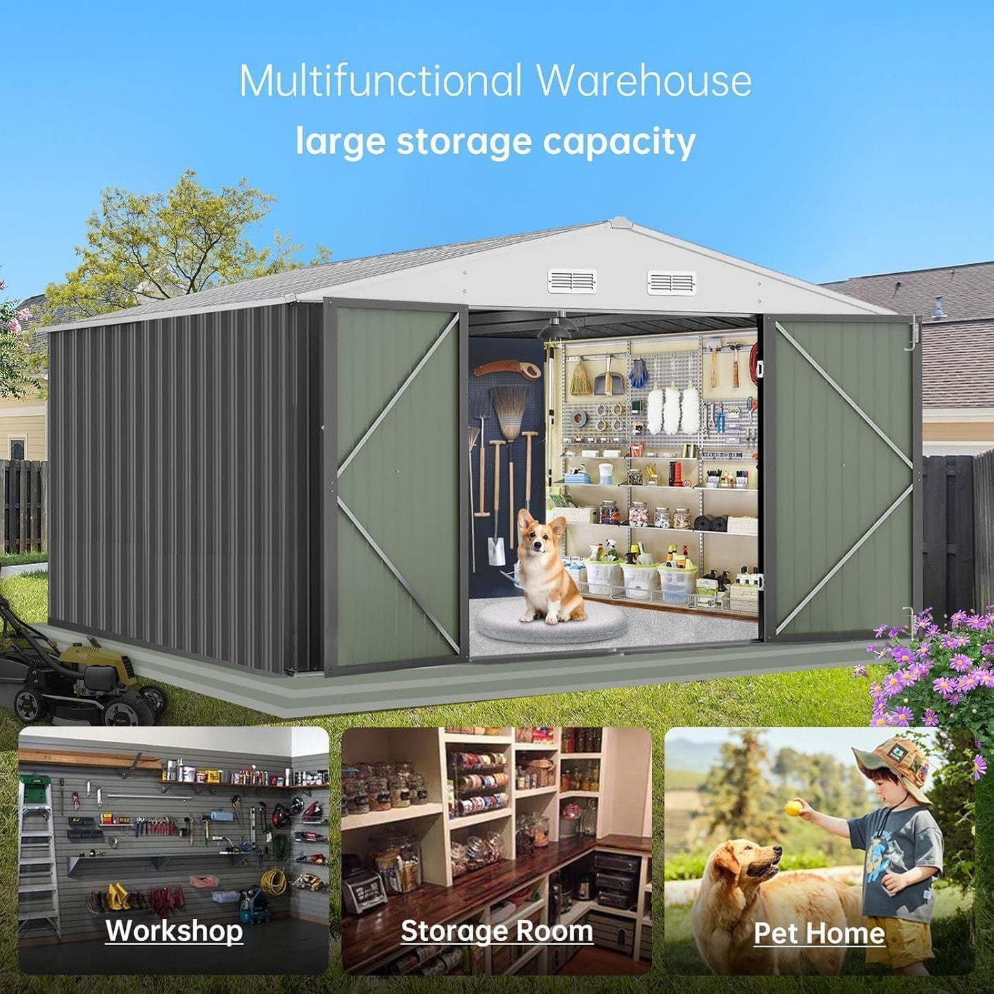 12X10FT Metal Outdoor Storage Shed, Galvanized Steel Garden Tool Shed with with Lockable Door & Vents,Waterproof All-Weather Utility Tool Shed for Lawn Mower, Bike