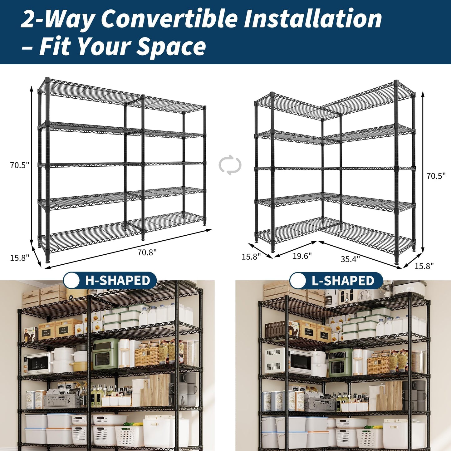 Garvee 71"Wide Storage Shelves Metal Shelving Units 5 Tier, Wire Shelving Rack 1325LBS Heavy Duty Adjustable for Storage, 71"W x 15.8"D x 70.5"H Standing Shelf Unit, for Kitchen Garage Pantry Basement