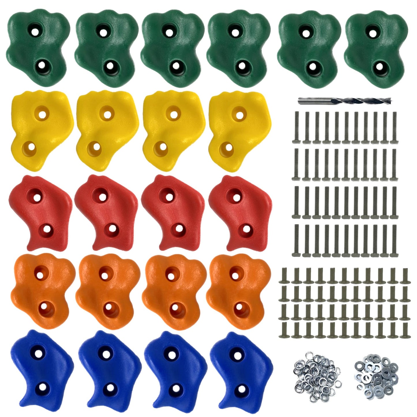 Safe Kidz 22 Assorted Deluxe Rock Climbing Holds for Kids - Outdoor Climbing Stones Kit with 44 Swing Safe Fasteners + Drill Bit Easy to Install on Lumber from 3/4" to 1.25" Thick