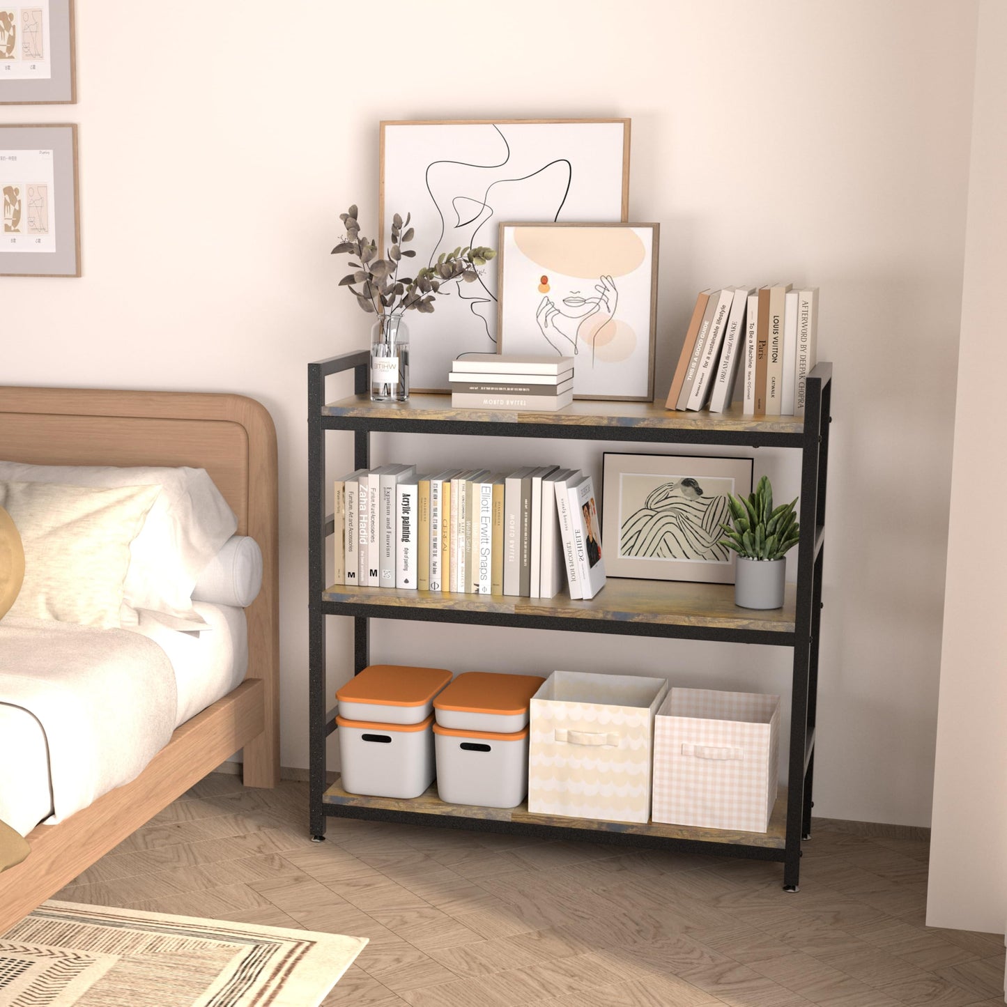 KOSEOO 3-Tier Industrial Bookshelf, 36" Rustic Open Bookcase with Heavy-Duty Metal Frame, Versatile 3-Shelf Storage Rack for Living Room, Bedroom & Home Office, Easy Assembly Display Shelf