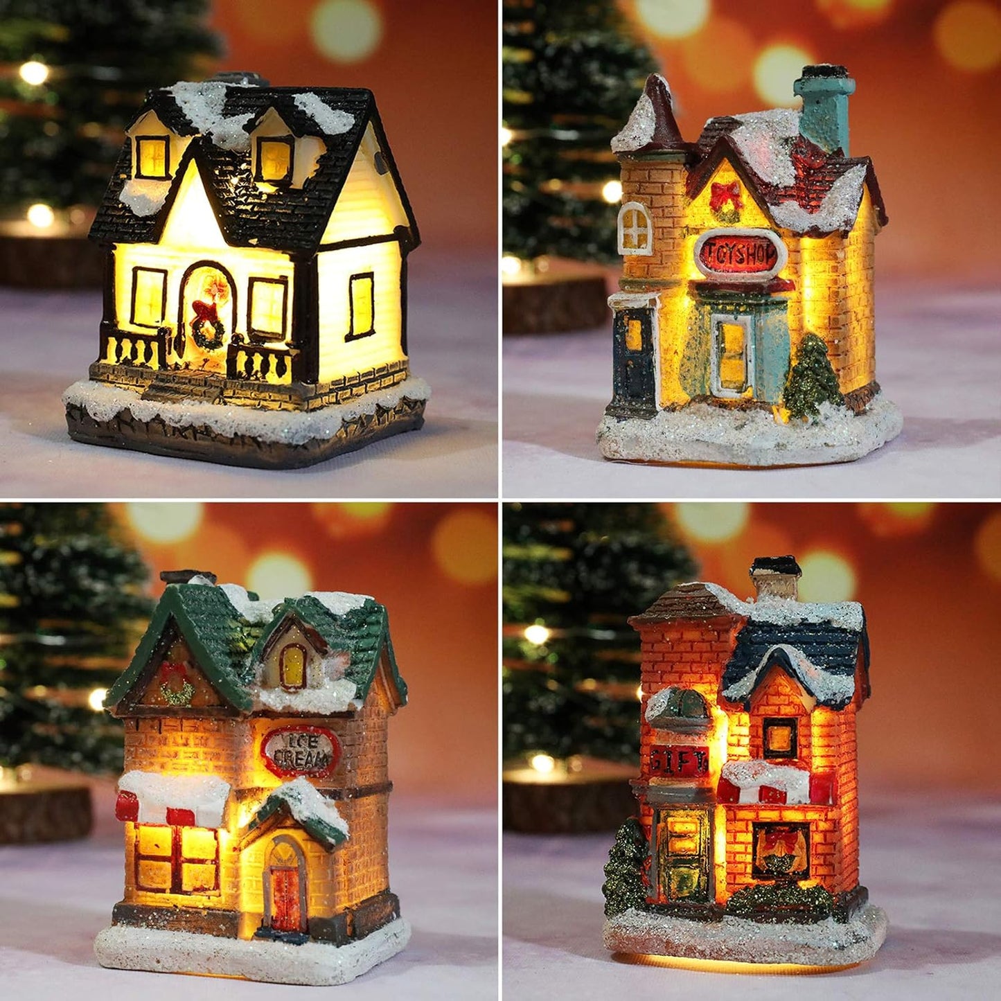Skiennix 16-Piece Christmas Village Houses Set - LED Light-Up Figurines & Mini Accessories for Festive Decor