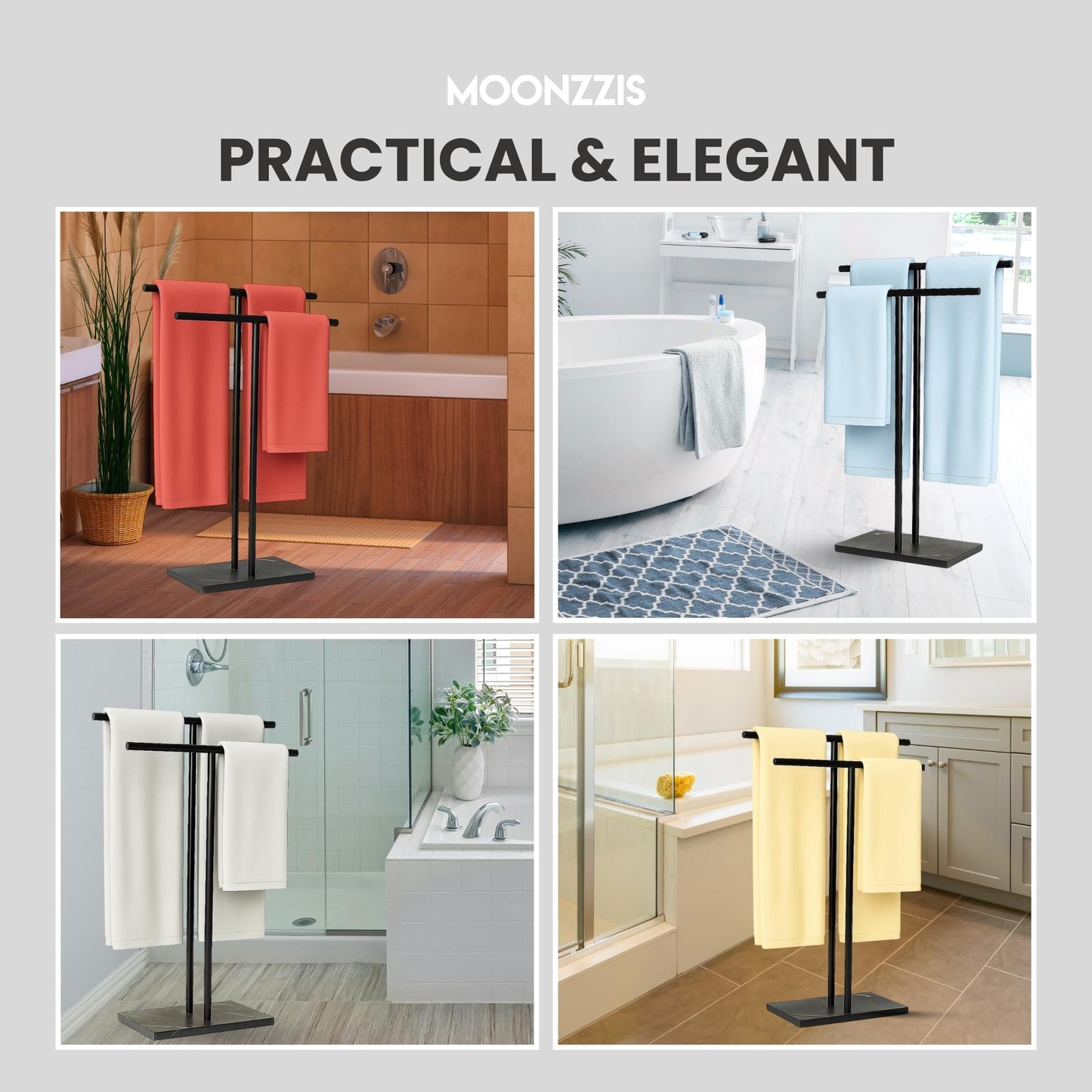MOONZZIS 40" Standing Towel Rack - Floor Double-T Shape Bath Sheet Holder, Standing Towel Racks for Bathroom, Free Standing Towel Rack, Matte Black Finish, Marble Type Base 6.6lbs