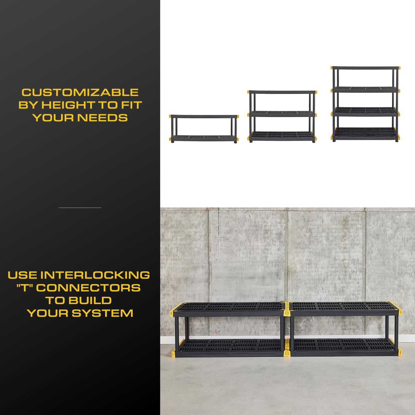 CX Black & Yellow, 4-Tier Heavy Duty Plastic Storage Shelves that Support up to 200lbs/shelf, Organization and Storage, Weather-Resistant Design, Easy Assembly (55"H x 48"W x 20"D)