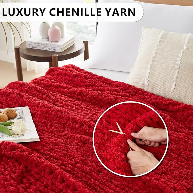 L'AGRATY Chunky Knit Blanket Throw - Soft Chunky Throw Blankets 30x40: 100% Hand Kintted Chenile Crochet Blanket Large Cable Knit Blankets - Rope Knot Throw for Couch Home Decor(Red)