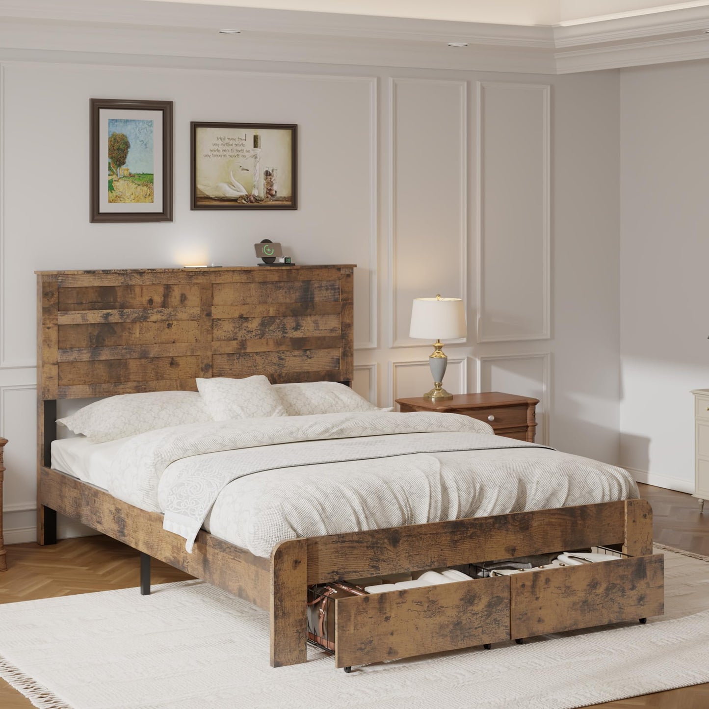 GDFStudio Full Size Industrial Bed Frame with Storage Headboard, Wood & Metal Platform Bed, USB Charging Station, Noise-Free Support, Easy Assembly Bedroom Furniture, No Box Spring Needed