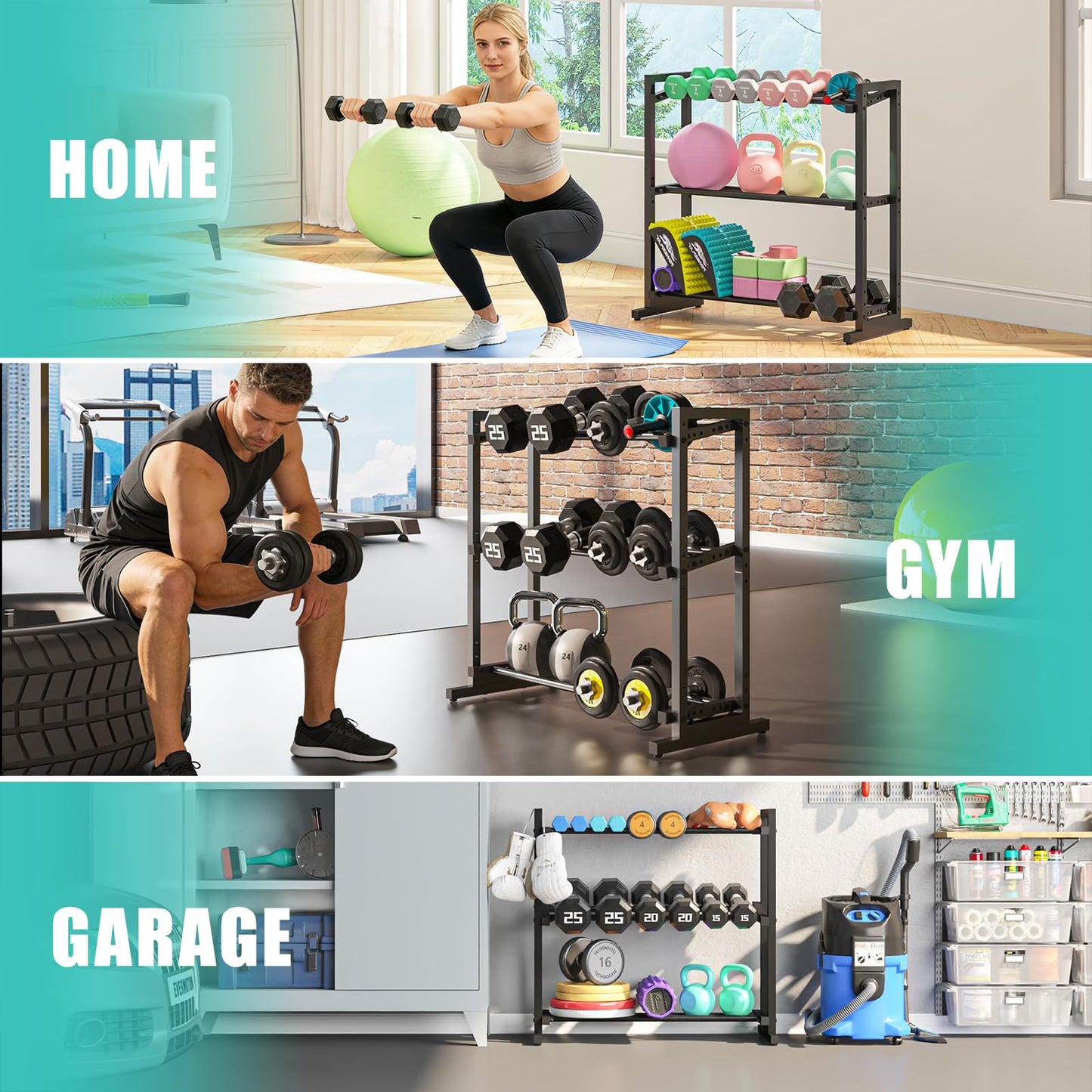 Kificet 3 Tier Adjustable Dumbbell Rack, 33.6-Inch Weight Rack for Home Gym, Extended Base kettlebell holder for Home Gym, Space-Saving Dumbbell Stand - 900LBS Capacity (Rack Only)