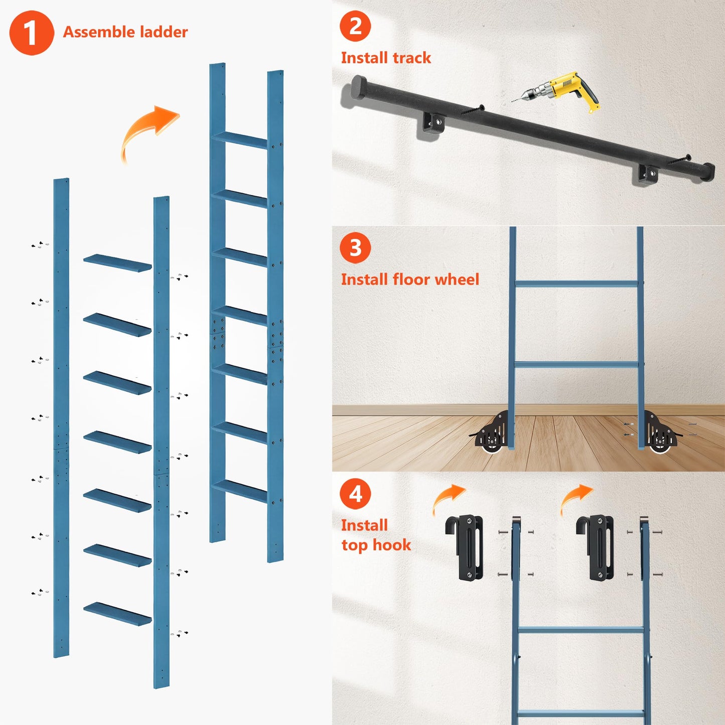 DIYHD 87" Sliding Library Ladder with 7 Steps, Telescopic Top Hook, Lightweight Rolling Ladder with Upright Space-Saving Storage, Kit with 4FT Sliding Rail, Bottom Rollers, 300lbs Capacity, Blue