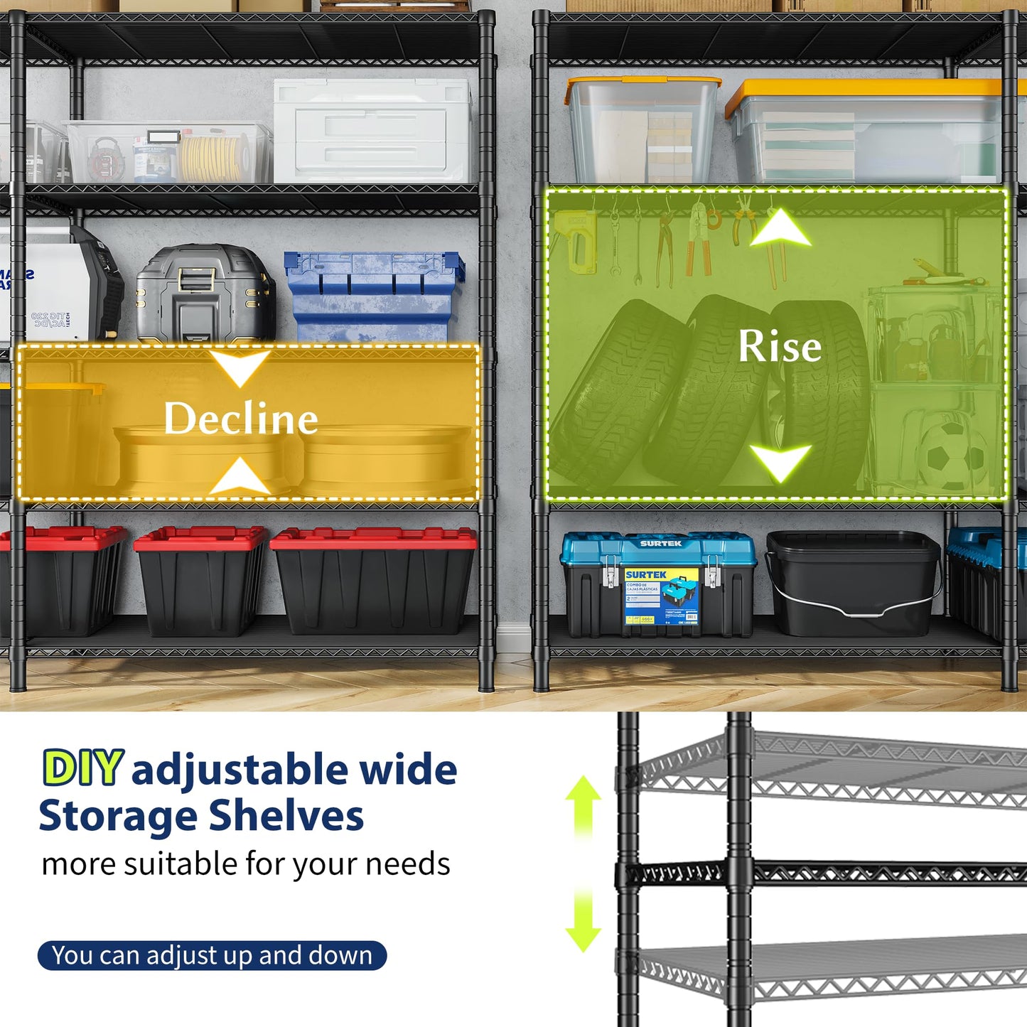 70.8"H Storage Shelves, 5-Tier Metal Shelving 1200 High-Load Heavy Duty Wire Shelving, Adjustable Metal Shelves-L Shaped Wire Shelving Units for Kitchen Garage Pantry Basement, 52.36"W x13.78"Dx70.8"H