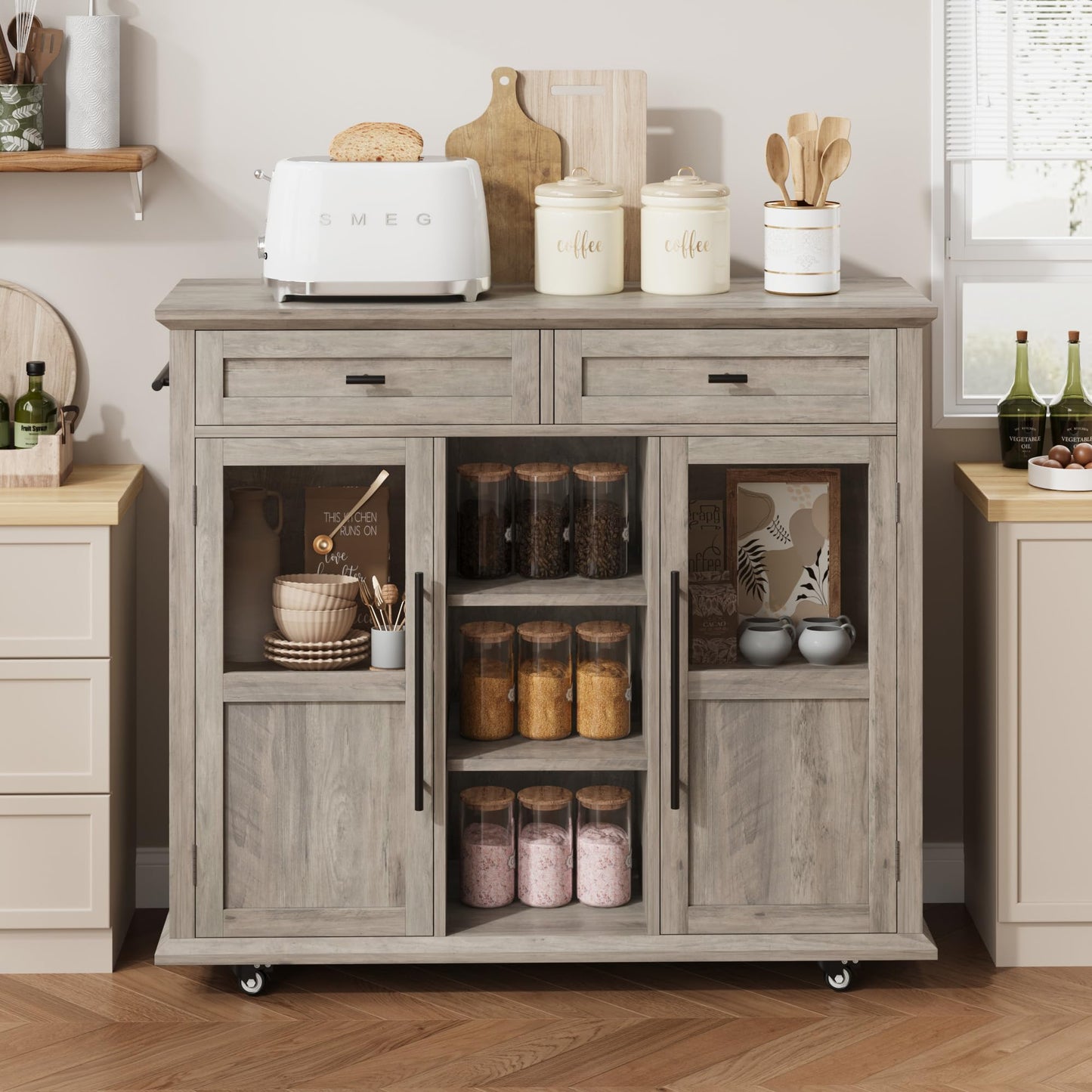GarveeHome 41 in Rustic Kitchen Island on Wheels - Wood Drop-Leaf Table with 3-Tier Storage, Mobile Coffee Bar Cart (Light Gray)
