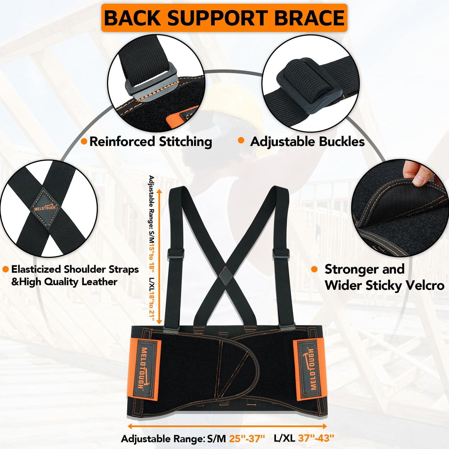 MELOTOUGH Back Brace for Men Lower Back,Back Brace for Work,Back Support Belt with Suspenders,Lower Lumbar Support for Heavy Lifting, Removeable Straps for Construction, Warehouse L/XL,Gifts for Men