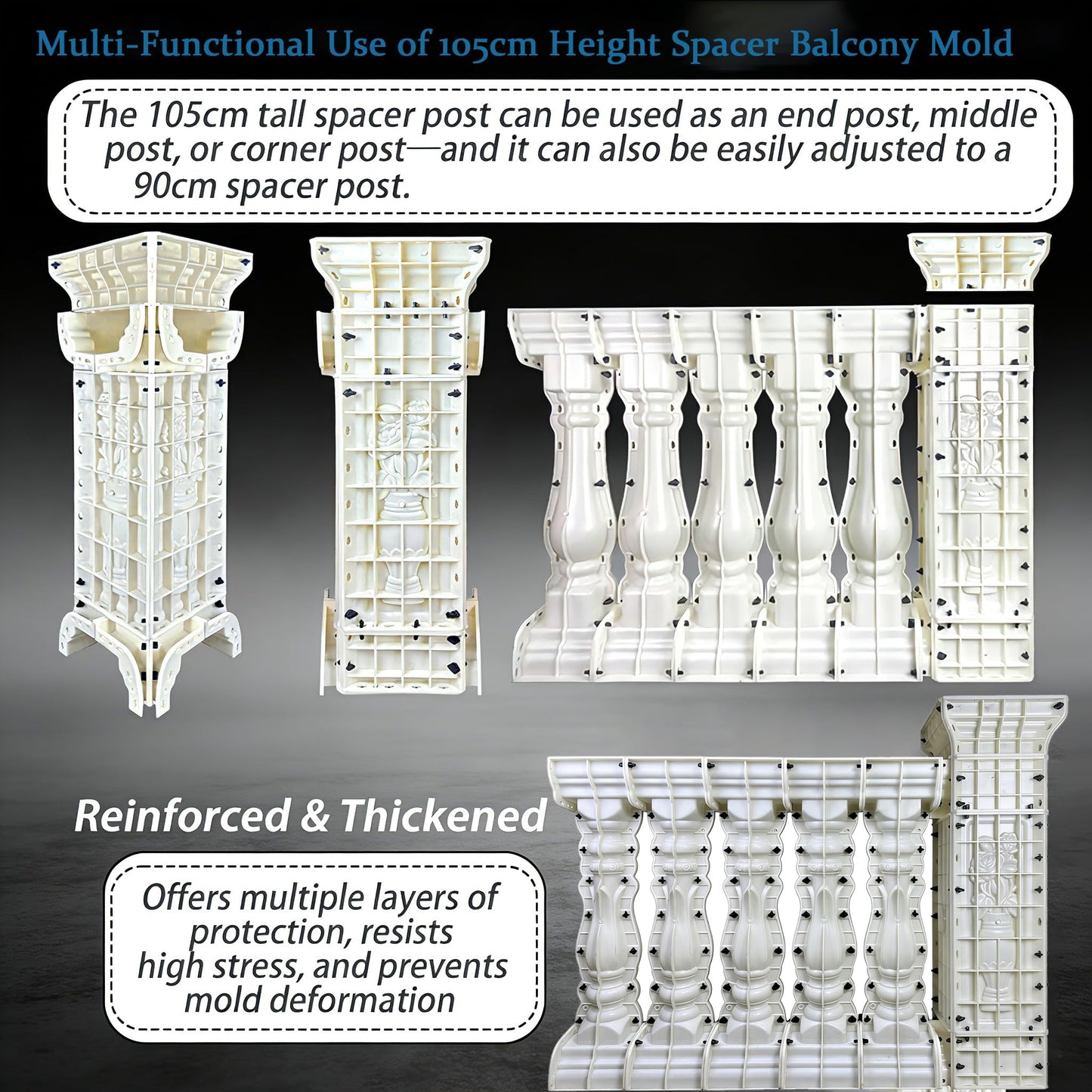 105cm Cast-in-Place Balcony Spacer Column Molds, Heavy-Duty Plastic Concrete Pillar Mould, Compatible with 90cm Balcony Railing Molds (Round Bottle/Square/Lotus) (Chrysanthemum)